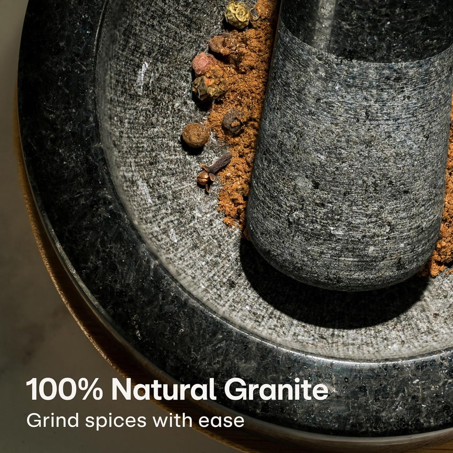 Mortar and Pestle Set Small - Heavy-Duty 1 Cup Stone Grinder for Spices, Herbs & Guacamole - Durable Granite - Non-Slip Wooden Base - Effortless Grinding & Easy to Clean