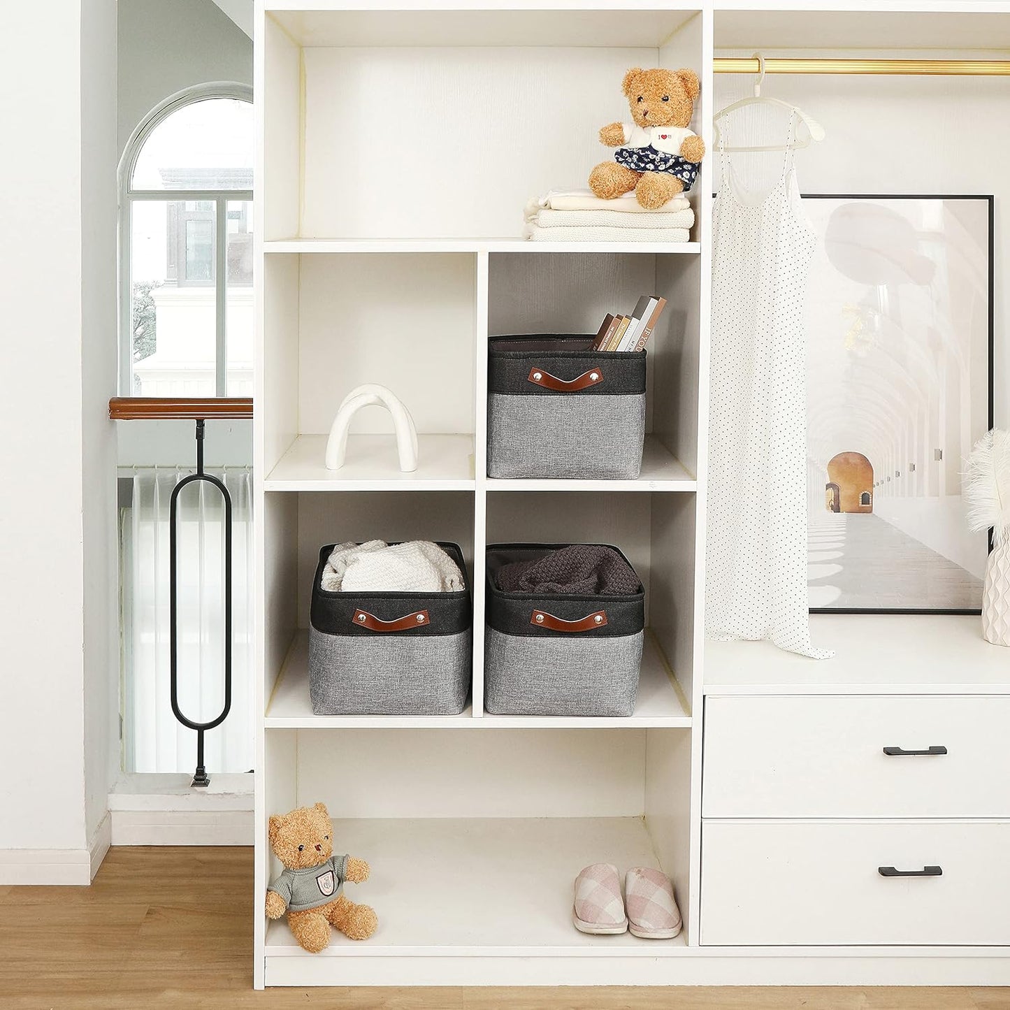 OrganiHaus Large Fabric Storage Baskets for Shelves 3 Pack | 15x11in Closet Storage Bins for Shelves | Clothes Storage Bins for Organizing | Linen Closet Organizers | Fabric Basket, Gray/Black