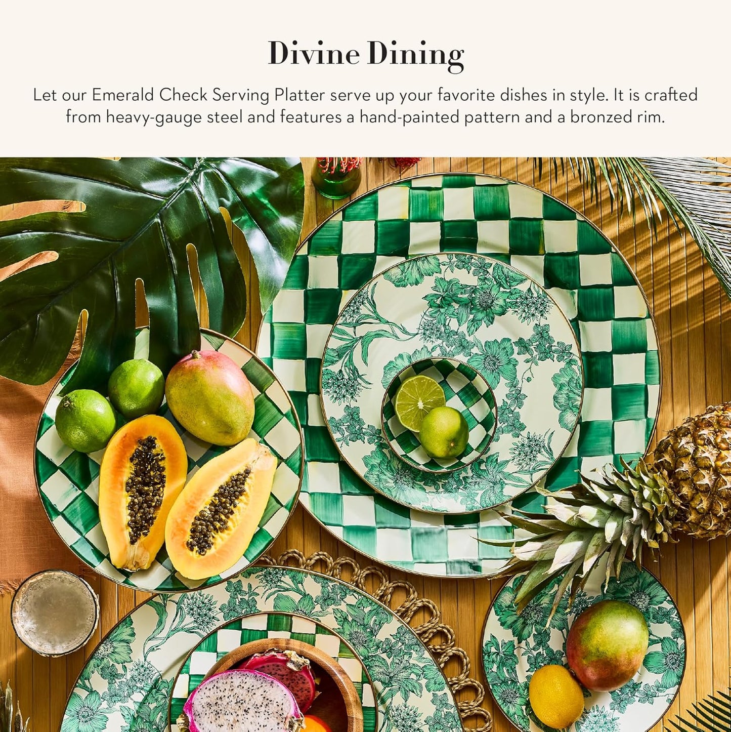 MACKENZIE-CHILDS Enamel Serving Platter, Decorative Serving Platter for Food, 16 Inches, Green-and-White Emerald Check