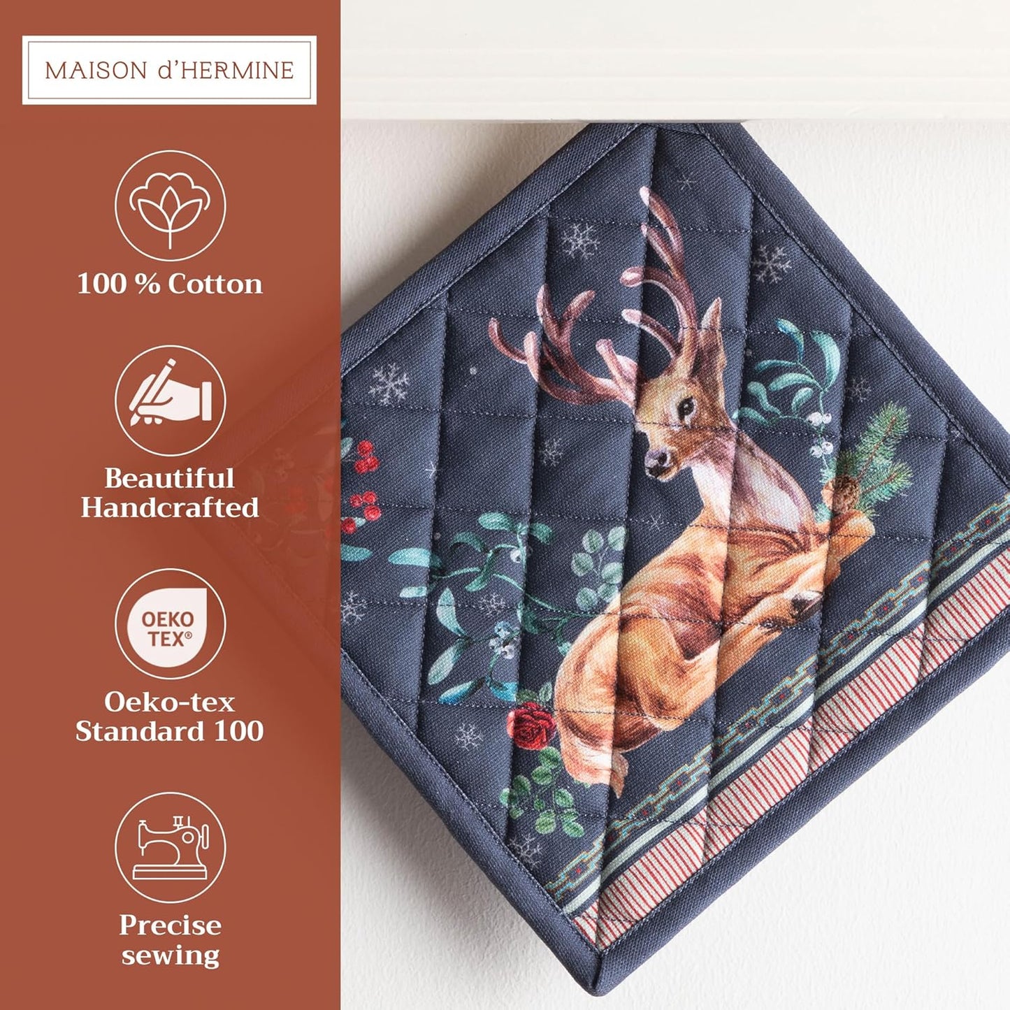 Maison d' Hermine Pot Holders Set 100% Cotton Heat Resistant Potholders 8" x 8" Hot Pads with Loop BBQ, Cooking, Baking, Grilling, Kitchen, Handling Hot Pans (Pack of 2, Christmas Joy)