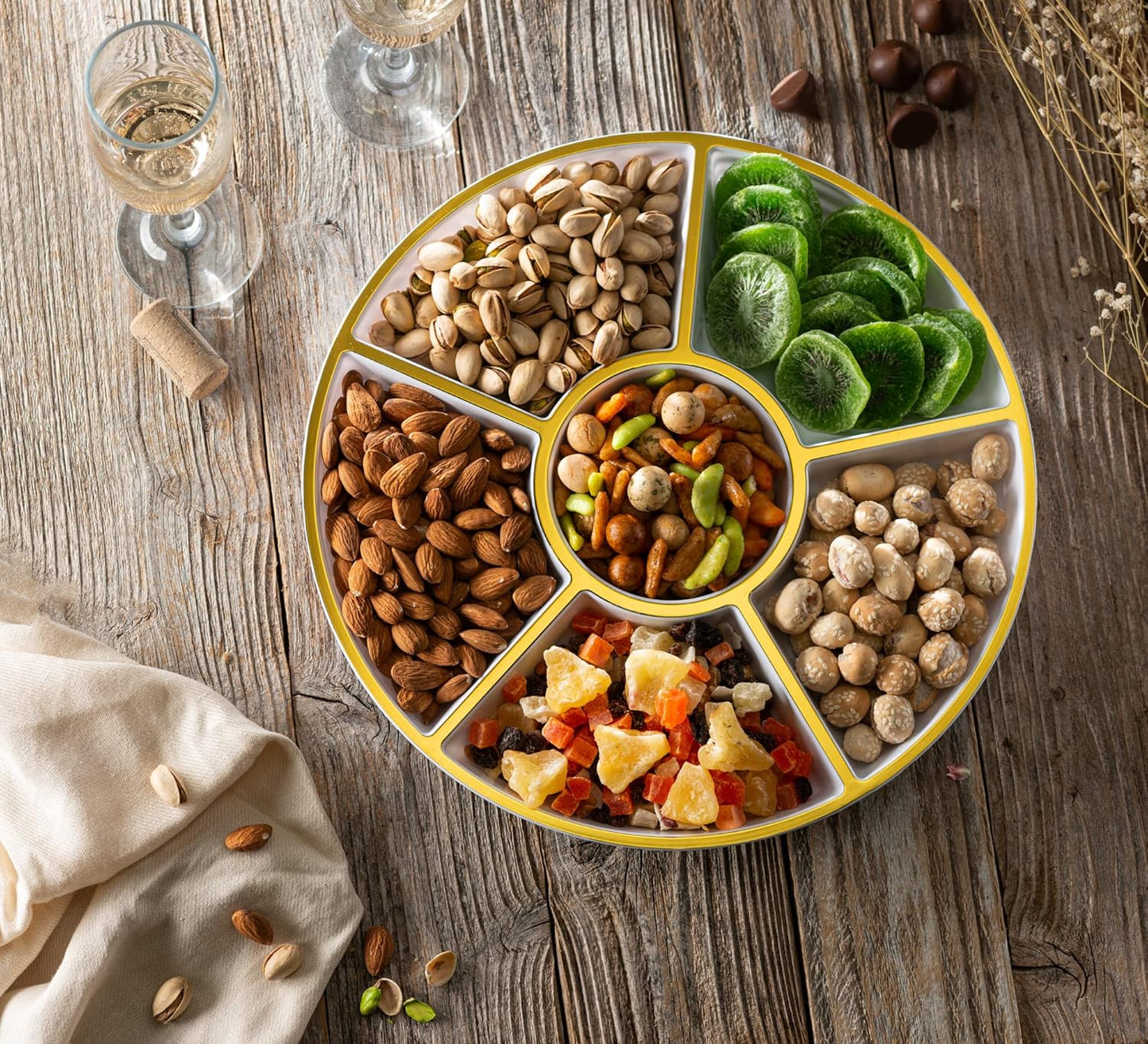 Plasticpro 6 Sectional Round Plastic Serving Tray/Platter (4, White & Gold)