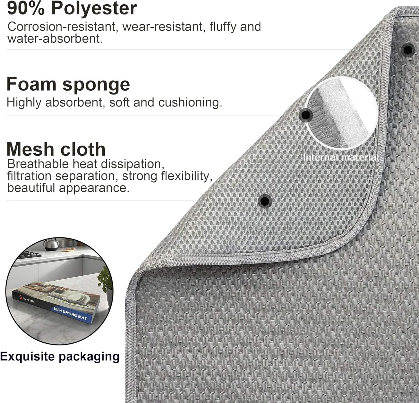 2 Pack Dish Drying Mat, Dish Drying Mats for Kitchen Counter, Microfiber Dish Dryer Mat, Large 20" x 15" Drainer Mats, Highly Absorbent, Machine Washable (Gray)