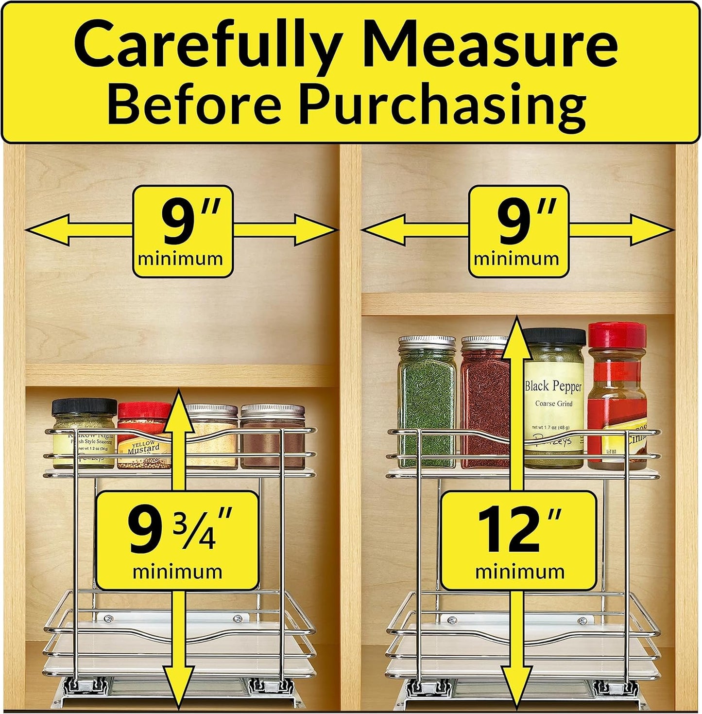 LYNK PROFESSIONAL® Pull Out Spice Rack Organizer for Inside Kitchen Cabinets - 8-1/4 inch Wide - Slide Out Drawer – Chrome Sliding Spice Cabinet Organization Shelf Racks - 2 Tier