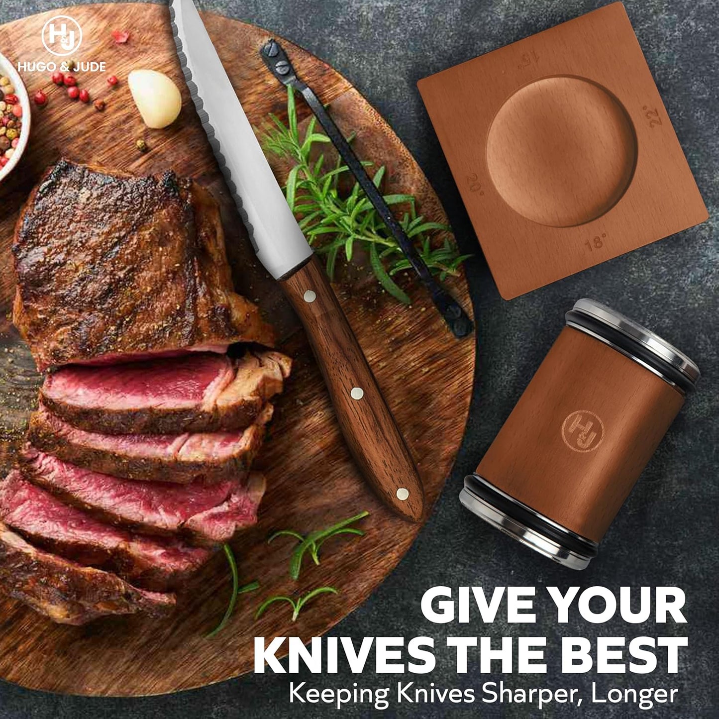 Hugo & Jude Premium Rolling Knife Sharpener - Sharpening Made Easy - Ergonomic Diamond Rolling Wheel Sharpener, 15/18/20/22° Magnetic Angles for Kitchen Knife Sharpener- Kitchen Gadgets & Gifts