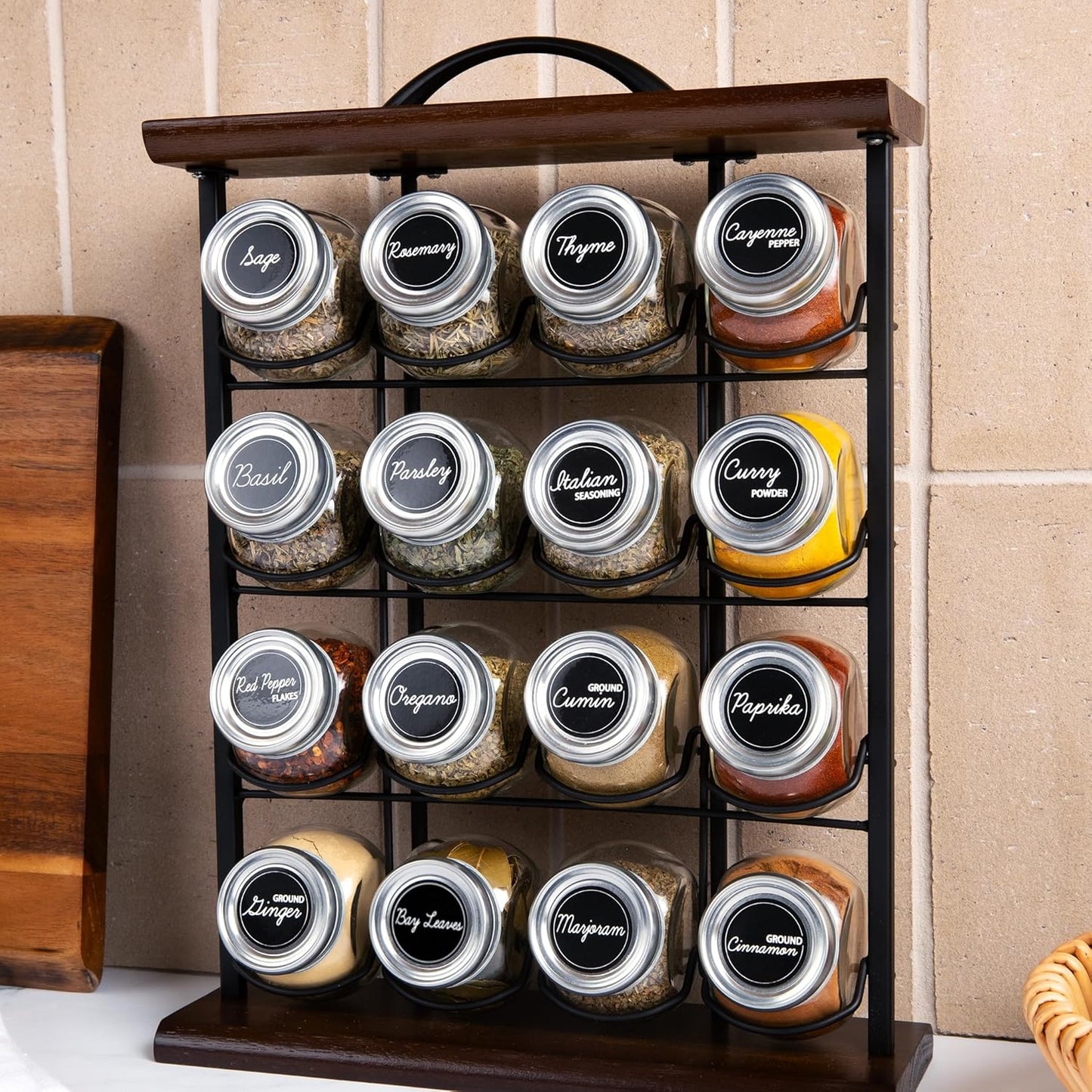 Orii 16 Jar Acacia Wood & Metal Wire Spice Rack with Spices Included, Storage for Spices and Seasoning, Black & Brown