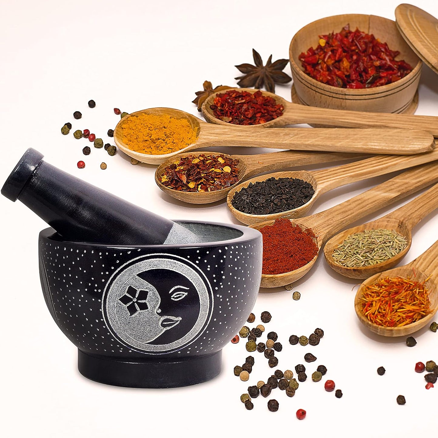 Mortar and Pestle, Made of Heavy Duty Polished Hard Stone, Natural Stone Grinder for Spices, Pastes, Herbs, Seasoning etc. (Moon Star)