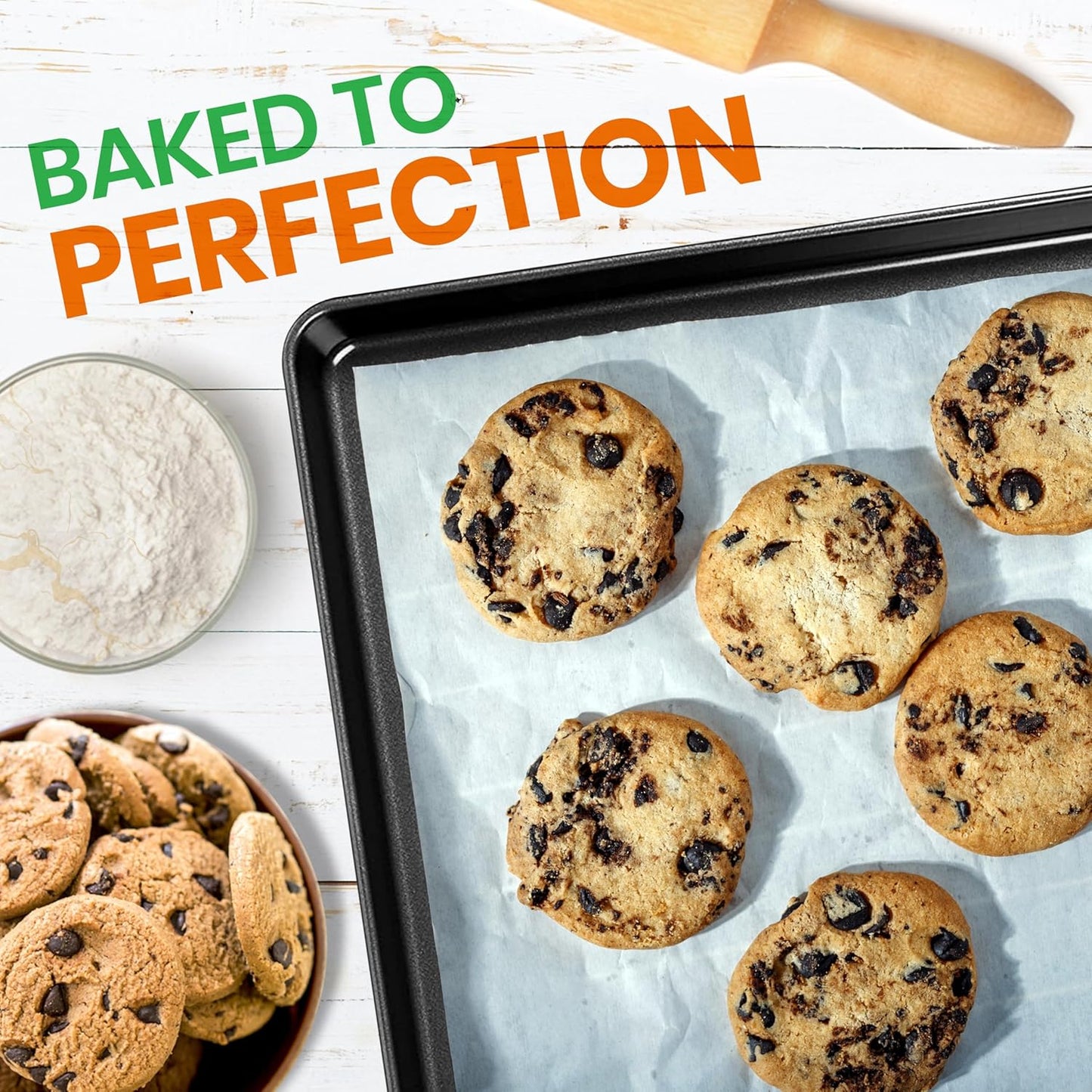 NutriChef 2-Piece XL Mega Cookie Sheet Baking Pans Set - 22" x 16" Extra Large Nonstick Carbon Steel Oven Baking Tray Pans, Stackable Bakeware, Black - NCLGBP16