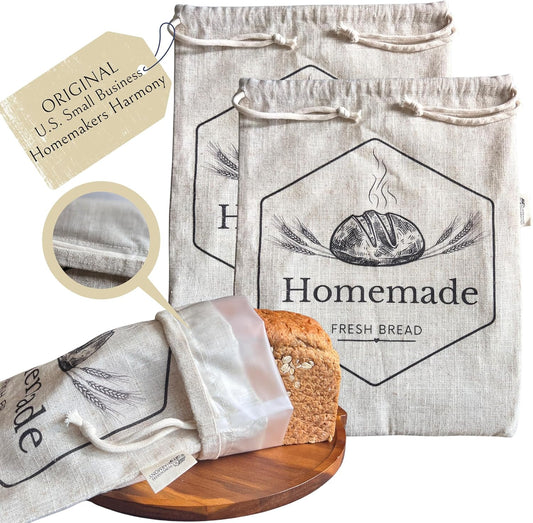 2-Pack XL Linen Reusable Bread Bags for Homemade & Sourdough Breads