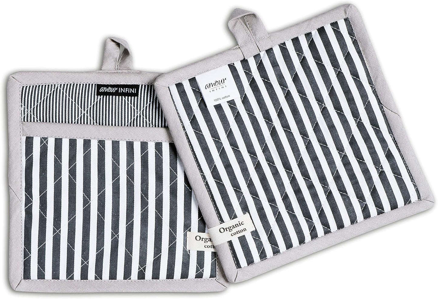 AMOUR INFINI Pot Holders Heat Resistant Cotton Set of 3 Nonslip 8"x8" Inch Hot Pads for Kitchen, BBQ, Baking & Cooking with Hanging Loops (Stripe Charcoal)