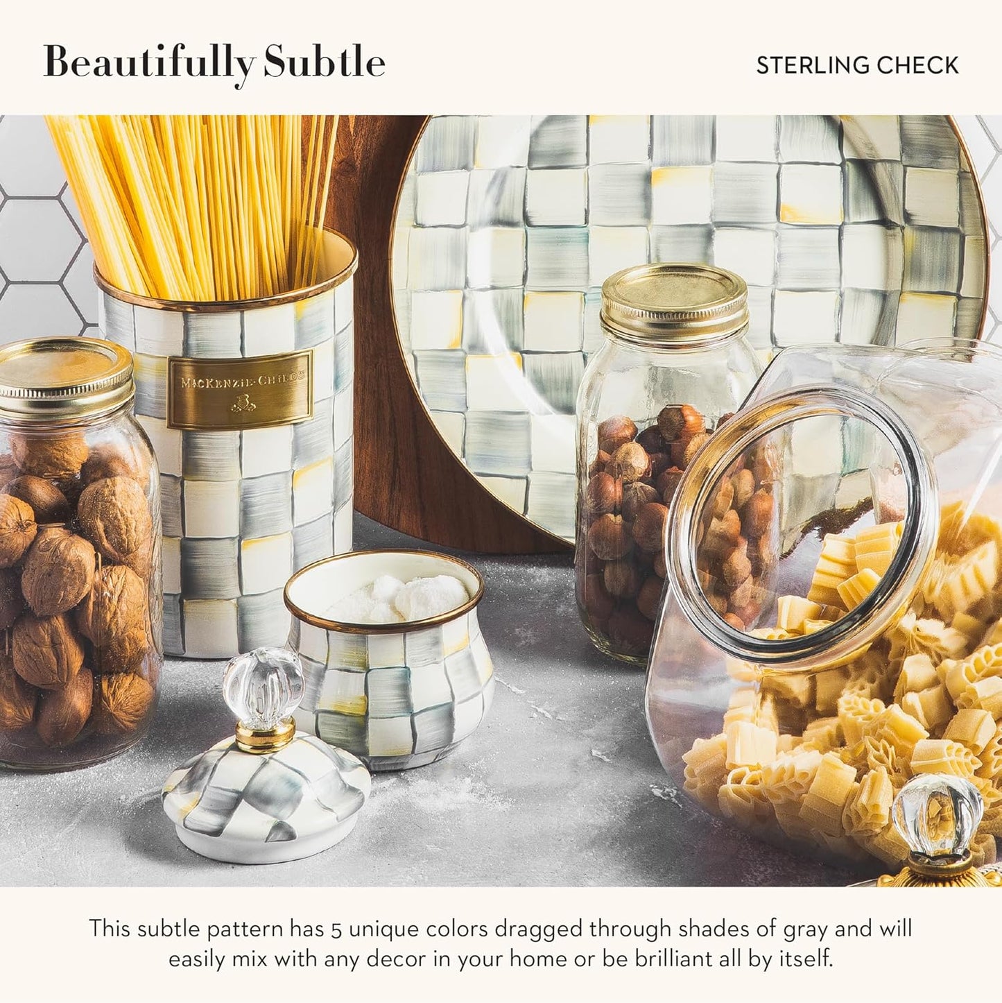 MACKENZIE-CHILDS Enamel Creamer and Sugar-Bowl Set, Cream Dispenser and Sugar Holder, Unique Kitchen Decor, Gray-and-White Sterling Check