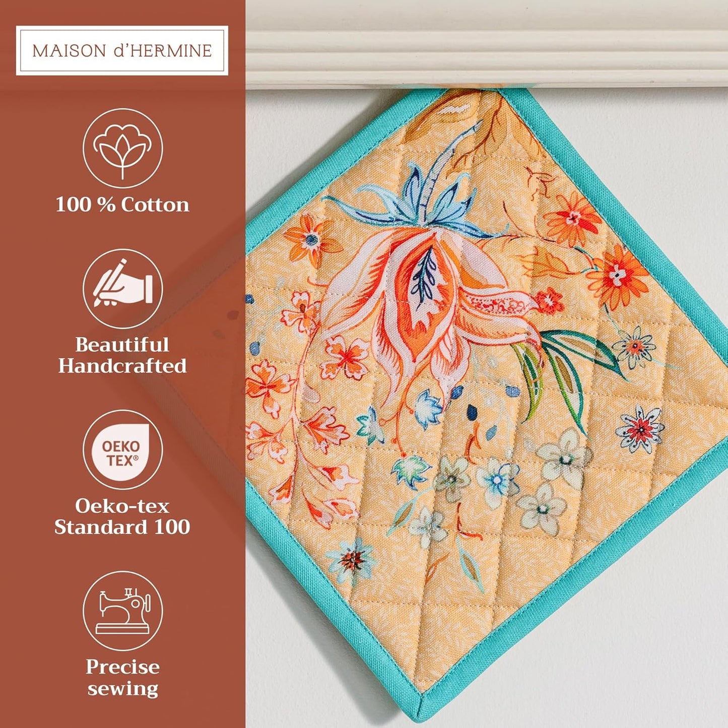 Maison d' Hermine Pot Holders 100% Cotton Heat Resistant Potholders 8" x 8" Hot Pads with Loop BBQ, Cooking, Baking, Grilling, Kitchen, Handling Hot Pans Spring/Summer (Pack of 1, Luxury Loft – Peach)