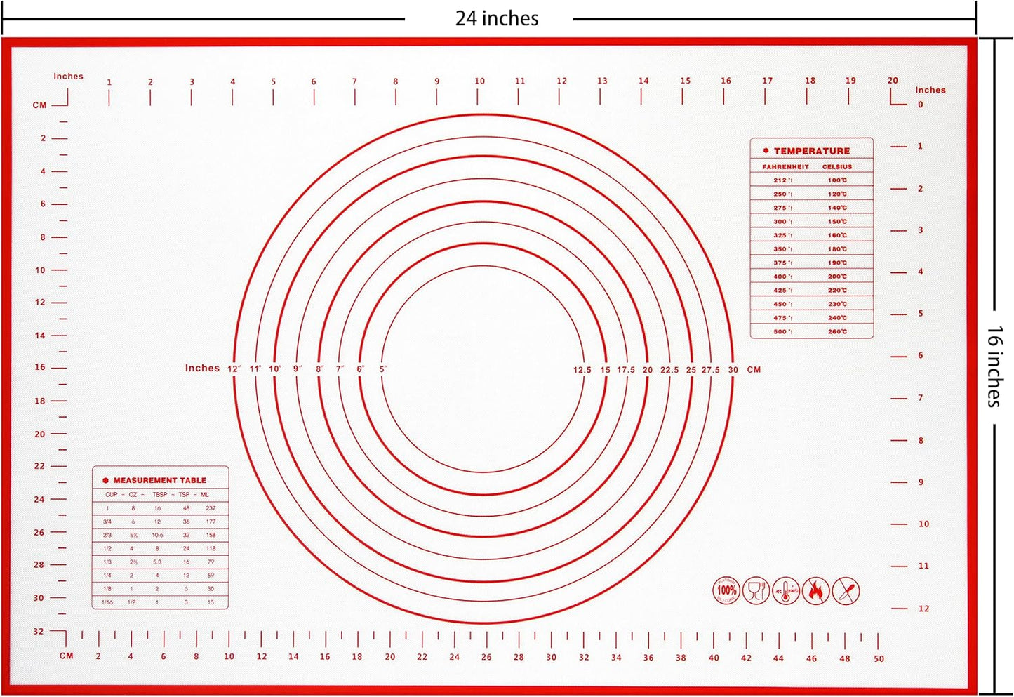 Yansumi Silicone Pastry Mat Extra Large Non-Slip Mat for Rolling Dough Pie Crust and Baking Non-Stick with Measurements (Red, 32x24) (Red, 24"L x 16"W)