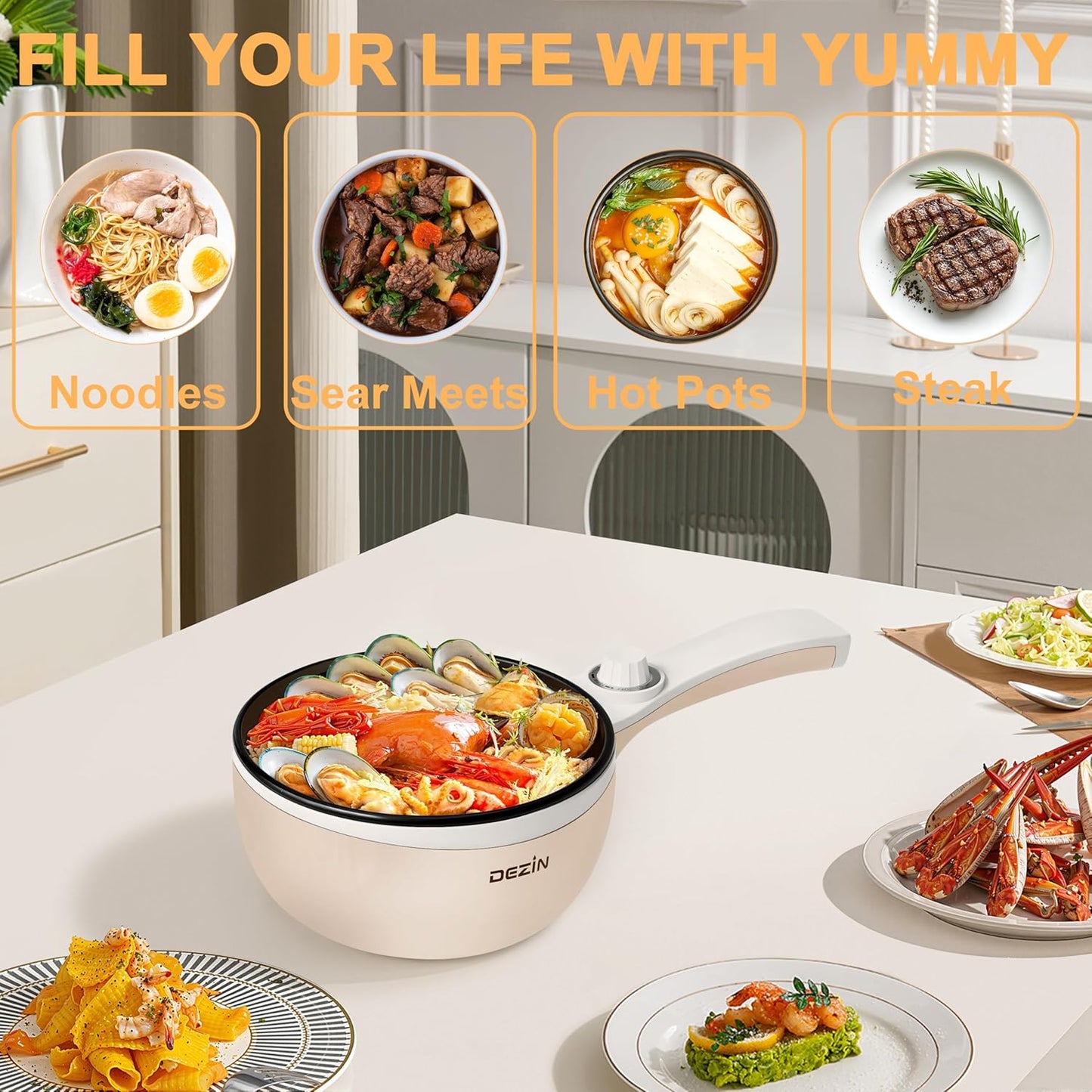 Dezin Hot Pot Electric Upgraded, Non-Stick Sauté Pan, Rapid Noodles Electric Pot, 1.5L Mini Portable Hot Pot for Steak, Egg, Fried Rice, Ramen, Oatmeal, Soup with Power Adjustment