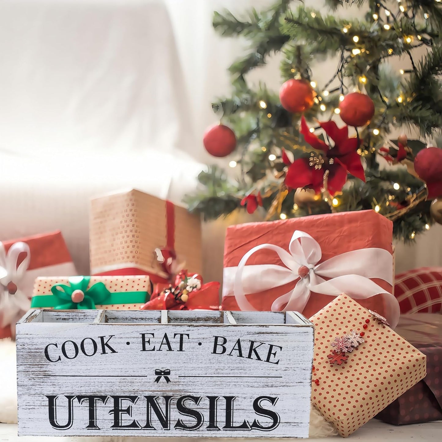 Utensil Holder,Extra Large Wooden Utensil Holder For Kitchen Counter,Cooking Spatula Organizer,Big Storage Caddy With 4 Compartments Flatware Spoon Tool Cutlery（Retro White）