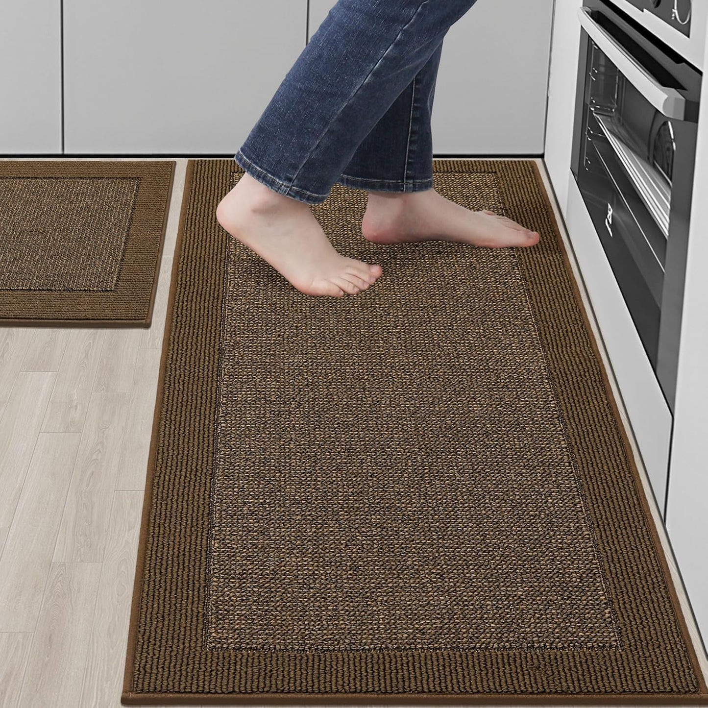 BEQHAUSE Kitchen Rugs and Mats Set of 2 Non-Slip Kitchen Mats for Floor, Absorbent and Stain Resistant Kitchen Runner, Machine Washable Rugs for Kitchen, Laundry & Sink, 20"x32"+20"x48", Brown