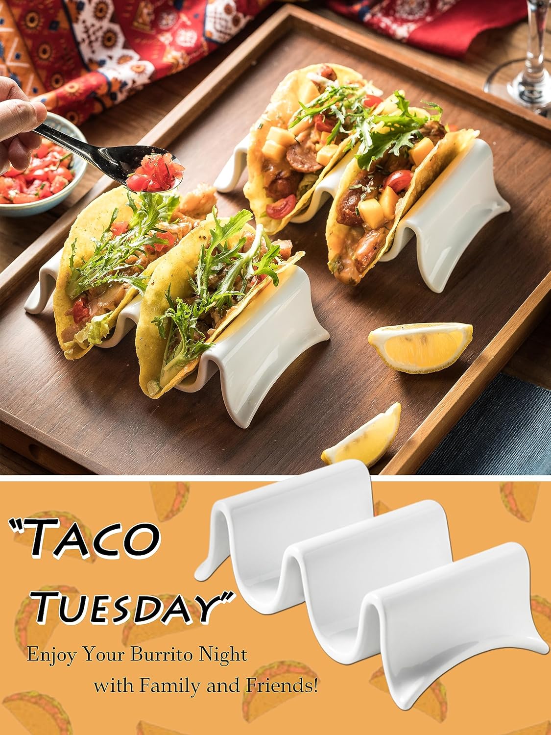 Taco Holder, Porcelain Taco Tray with Handles, Perfect for Keeping Tacos in Place, Serving Dish for Entertraining, Taco Shell Holds 4 Taco, Set of 2