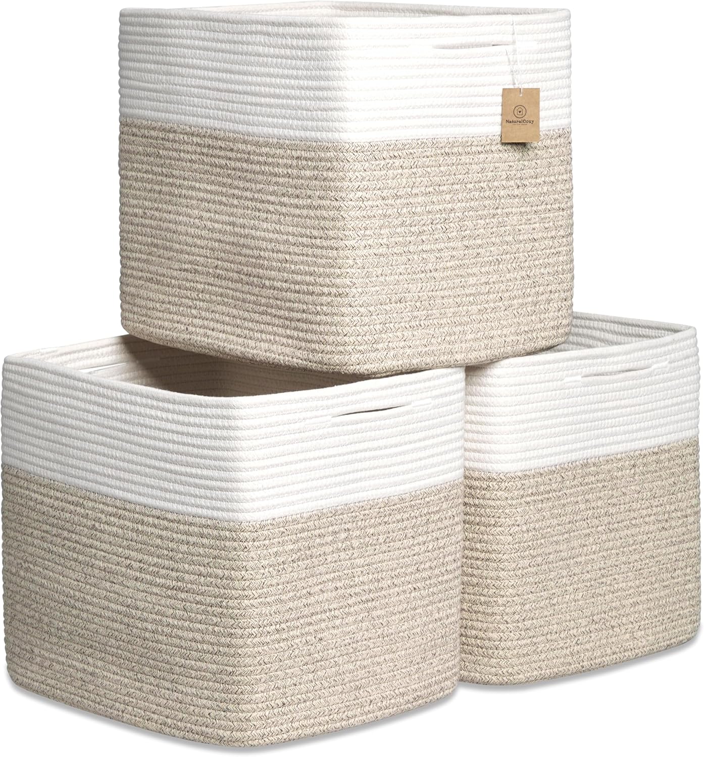NaturalCozy 13x15x13 Kallax Storage Cubes Bins, 3 Pack | Cotton Rope Cube Storage Bin Woven Baskets for Organizing | Kallax Insert Storage Baskets for Shelves Organizer, Kids Toy, Closet Baby Nursery