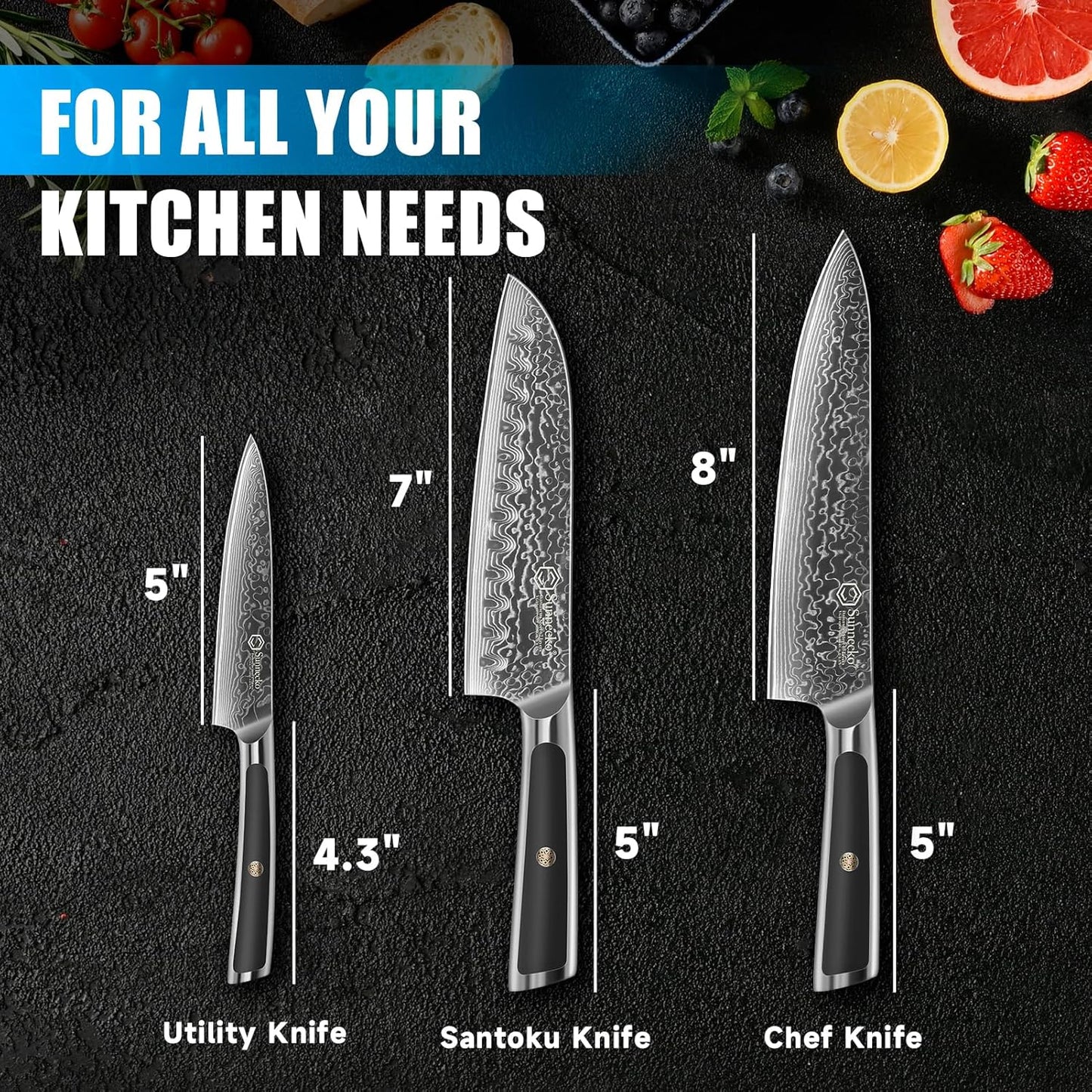 Sunnecko Kitchen Knife Set 3 Piece Chef Knife Set Professonal, Damascus Steel Kitchen Knives Sharp, Gift Box