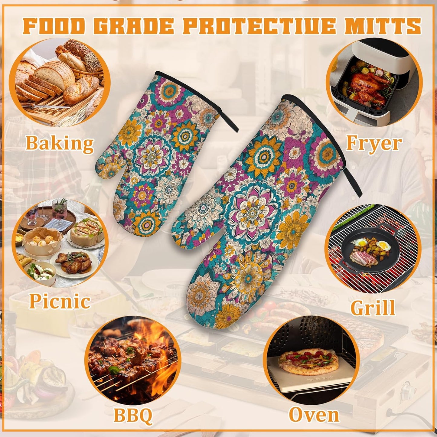 Vintage Mandala Oven Mitts and Pot Holders,Floral Flower Heat Resistant Oven Mitts Gloves and Pot Holder for Home Kitchen Decorations Cooking Baking BBQ Gifts,Set of 4