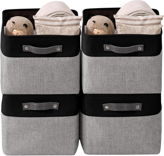 DECOMOMO Storage Baskets for Shelves - Fabric Storage Bins, Linen Closet Organizers and Storage (Grey & Black, Large - 4 Pack)