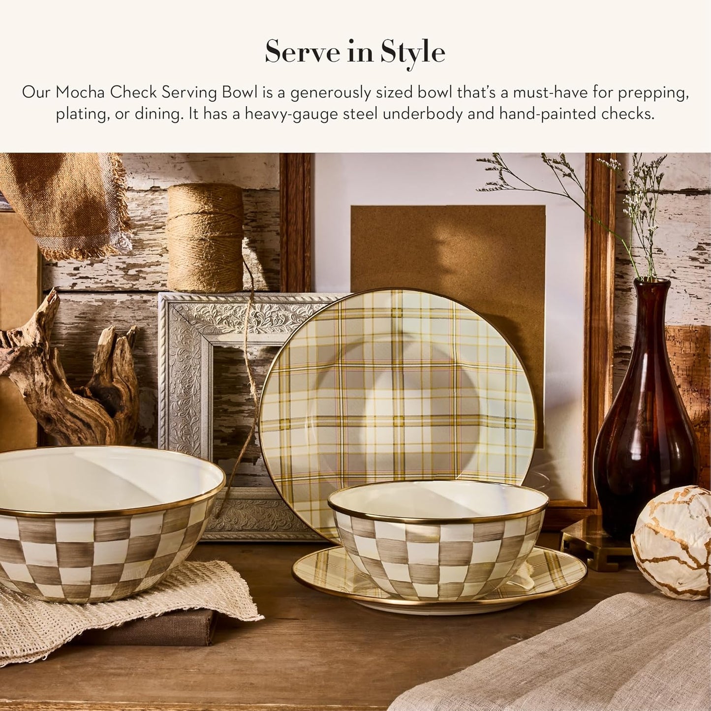 MACKENZIE-CHILDS Enamel Serving Bowl, Enamel Serveware Bowl, 12 Inches, Brown-and-White Mocha Check