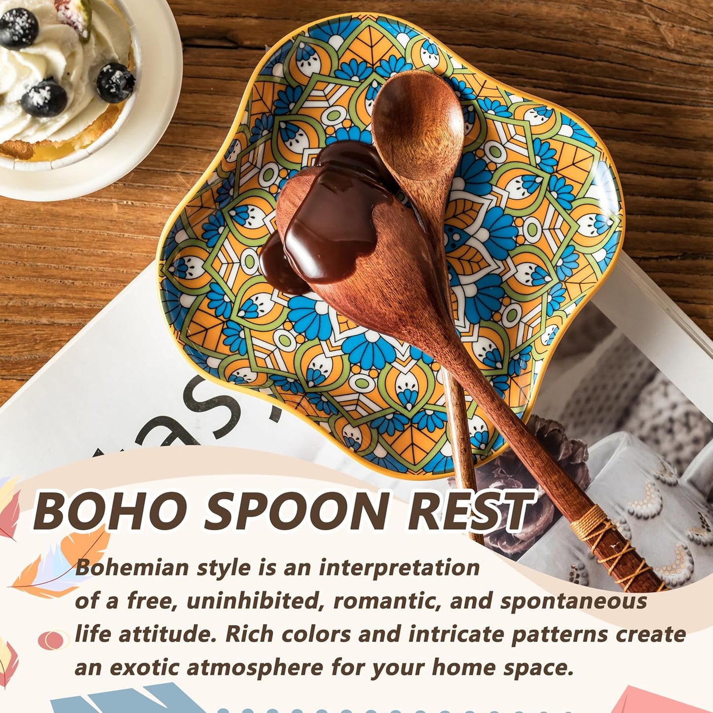 Spoon Rest for Stove Top, Ceramic Spoon Holder for Kitchen Countertop, Coffee Spoon Rest, Large Cooking Spatula Holder for Spoons, Ladles or Tongs, Bohemian Decor, Orange-colored boho Style