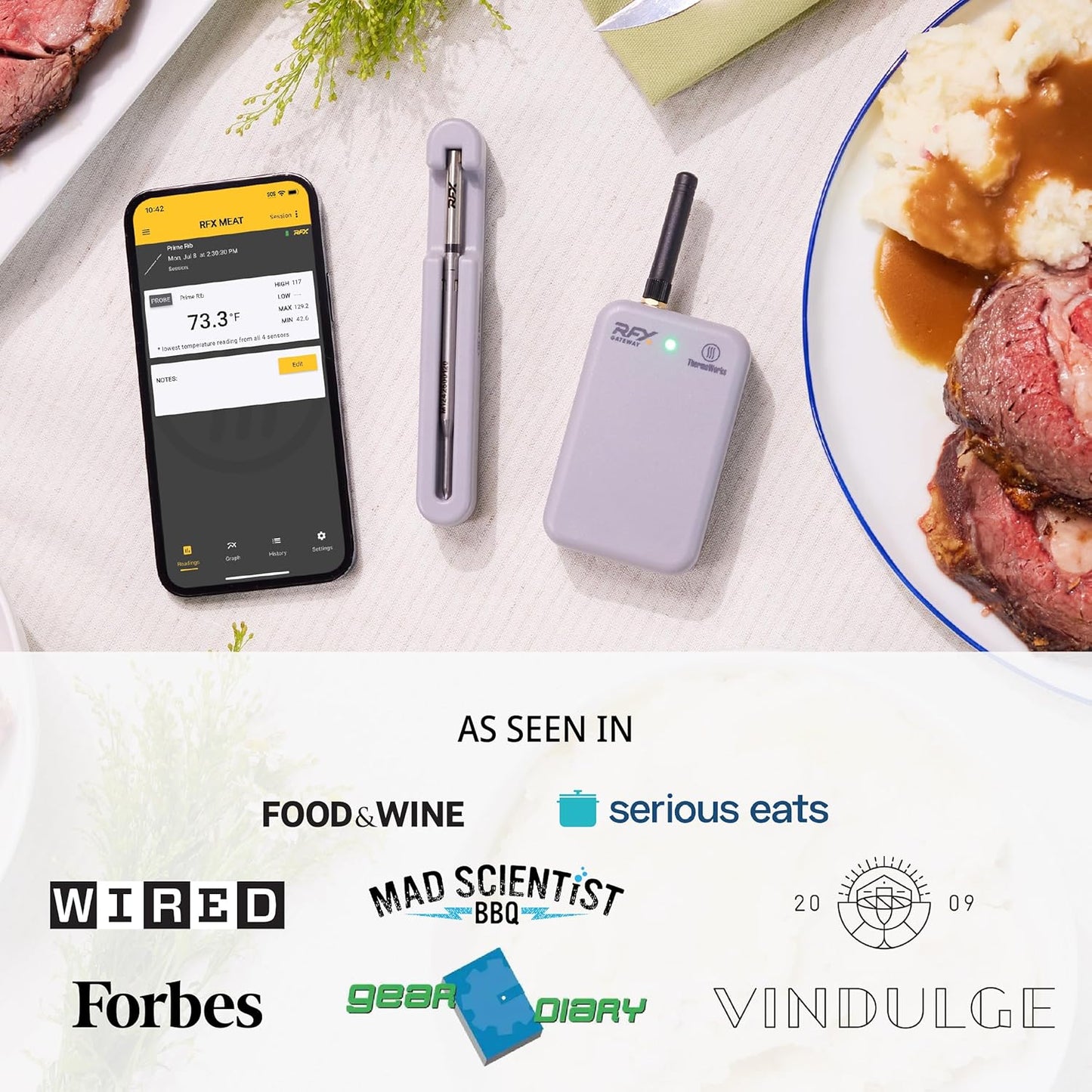 RFX | Smart Wireless Meat Thermometer | Wi-Fi & Radio Frequency | Stronger Signal Than Bluetooth | Meat Probe for Use in Smoker, Grill, BBQ, Oven - 1-Probe Kit