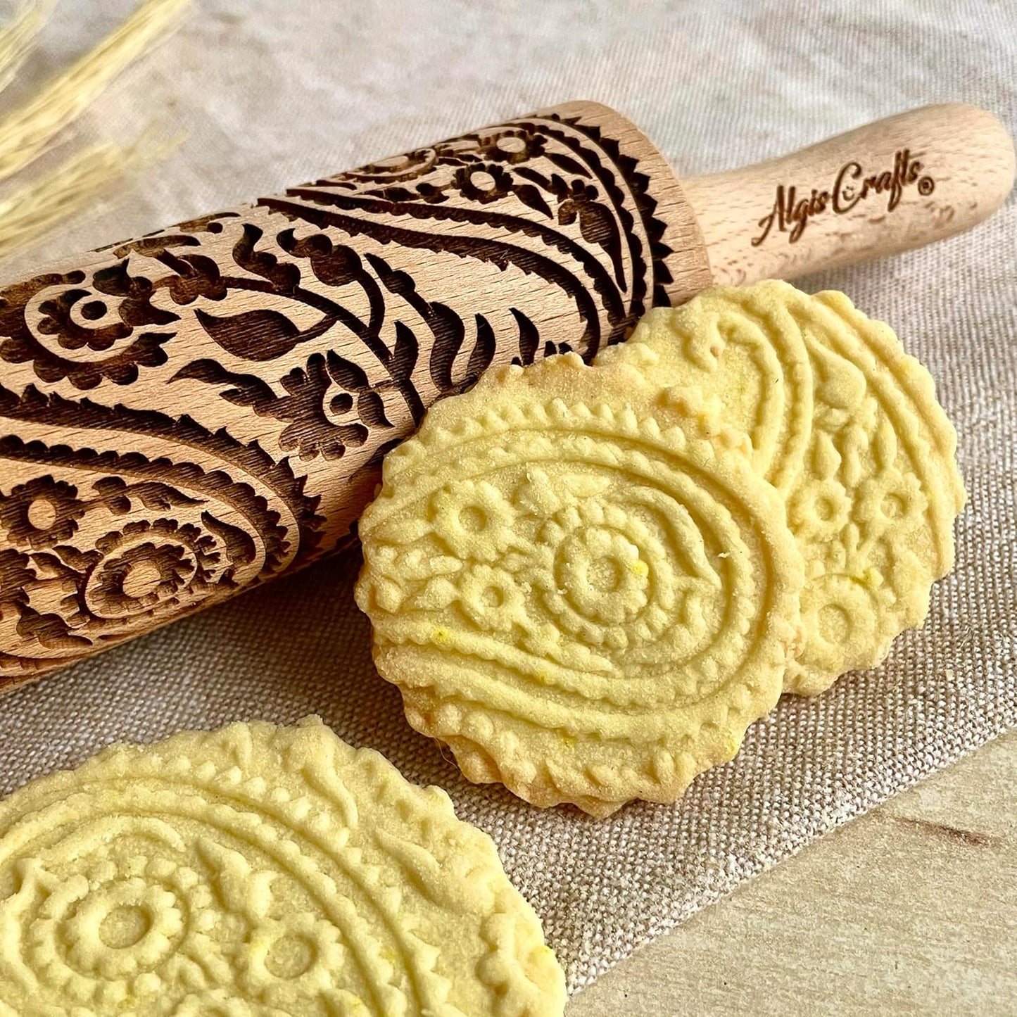 LOVELY DAY 3 KID Rolling Pin SET with HEART, PAISLEY and SPRING patterns. Wooden Laser Cut Mini embossing Rolling Pins for cookies, play dough, salt dough or clay by Algis Crafts