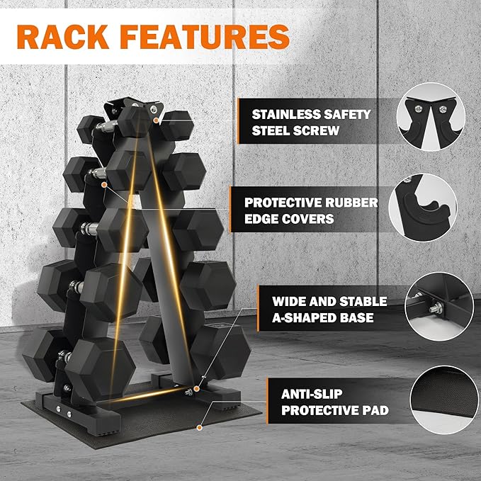 Rubber Coated Hex Dumbbell Weight Set and Storage Rack, 100LB Set or 150LB Set, 5-20 lbs Pairs or 5-25 lbs Pairs