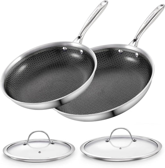 Cooks Standard Hybrid Nonstick Frying Pan Set, 10 and 12-Inch Multi-Ply Clad Stainless Steel 2 Piece Skillet with Tempered Glass Lids, Oven Safe, Compatible with All Stovetops