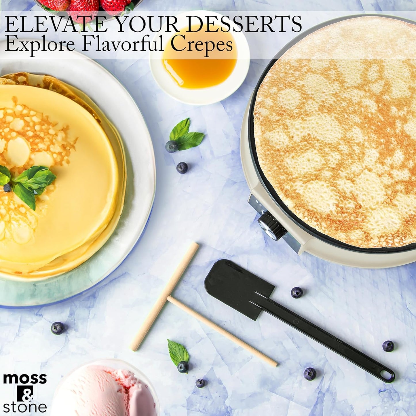 Moss & Stone Beige 12 Inch Electric Griddle & Crepe Maker Machine. Electric Crepe Maker with Adjustable Temperature for Blintzes Pancakes & Tortilla, Non-Stick Crepe Pan & Batter Spreader & Spatula