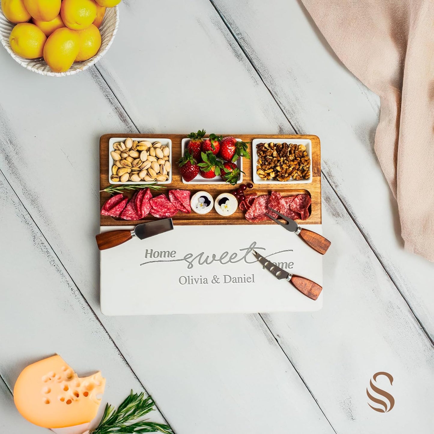Shanik Wood - Marble Cheese Board Set with 3 Ceramic Bowls - Stainless Steel Cutlery Set, Charcuterie Board & Gift for Any Occasion (with Engraving)