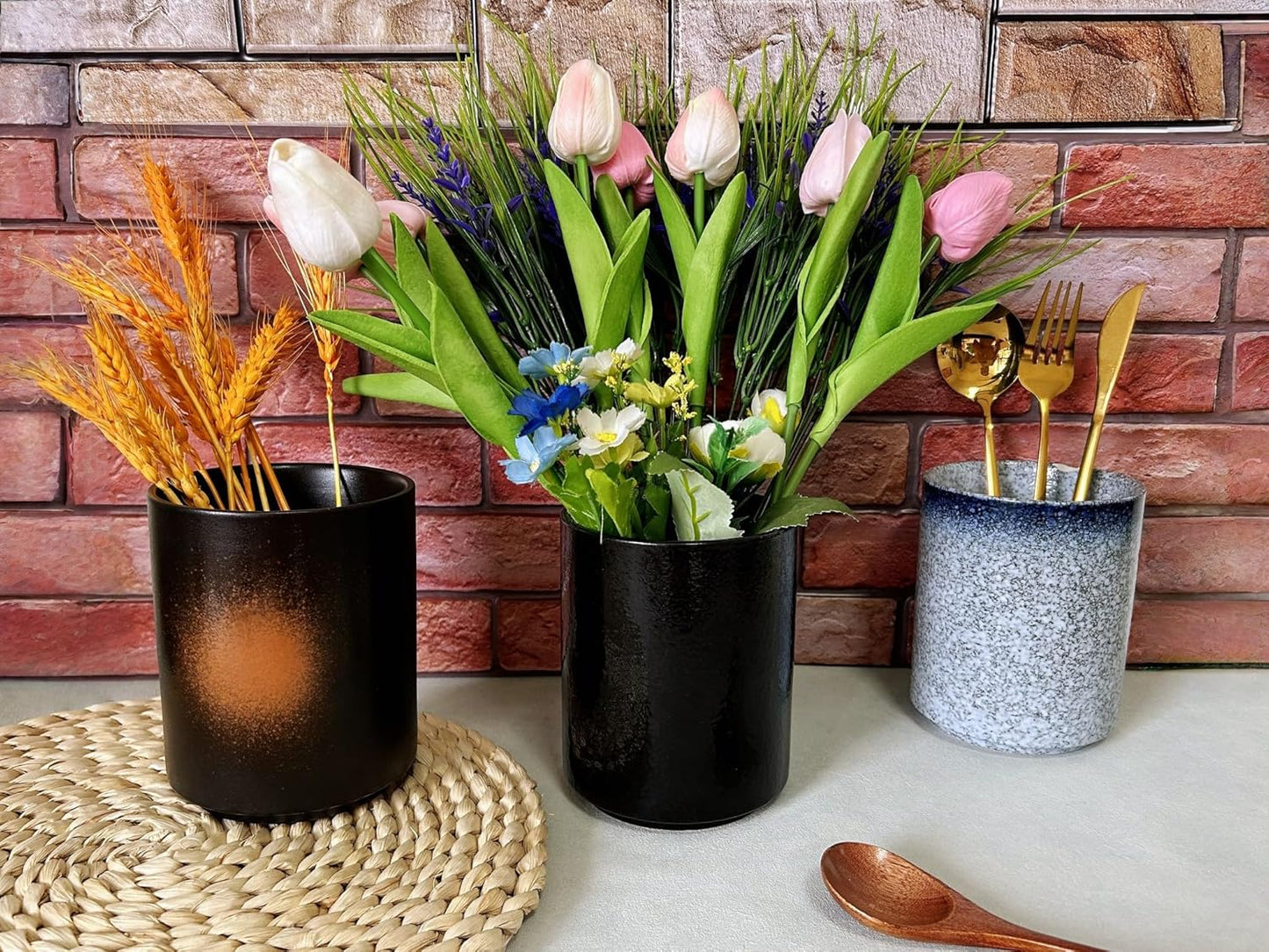 Medium Stoneware Kitchen Utensil Holder for Kitchen Counter Short Cooking Utensil Holder for Countertop Spatula Holder Small Utensil Crock Cutlery Holder Silverware Caddy Flower Vase (Stone Blue)