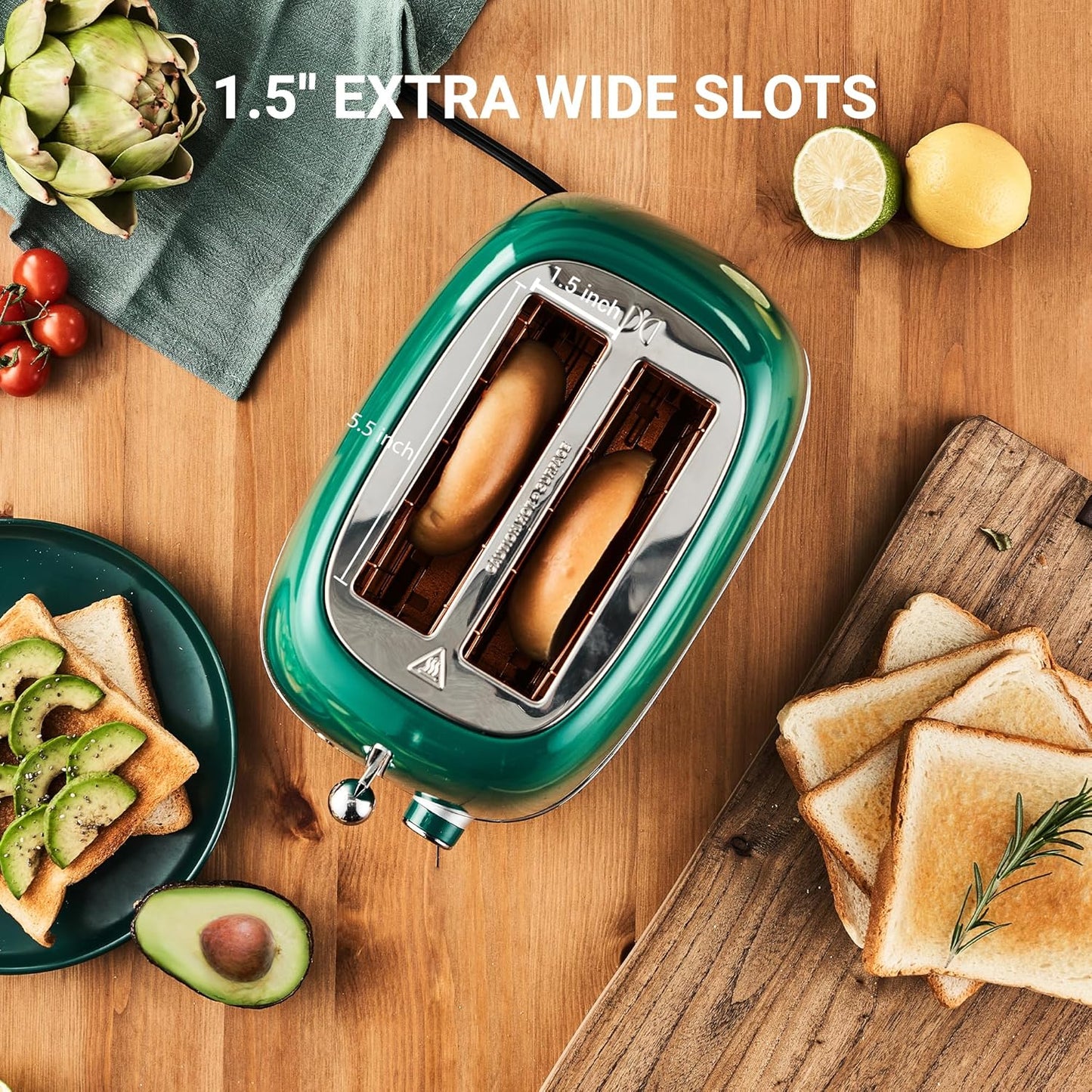 2 Slice Toaster Retro Stainless Steel with Bagel, Cancel, and Defrost Functions, 6 Bread Shade Settings, Extra Wide Slots and Removable Crumb Tray, Green