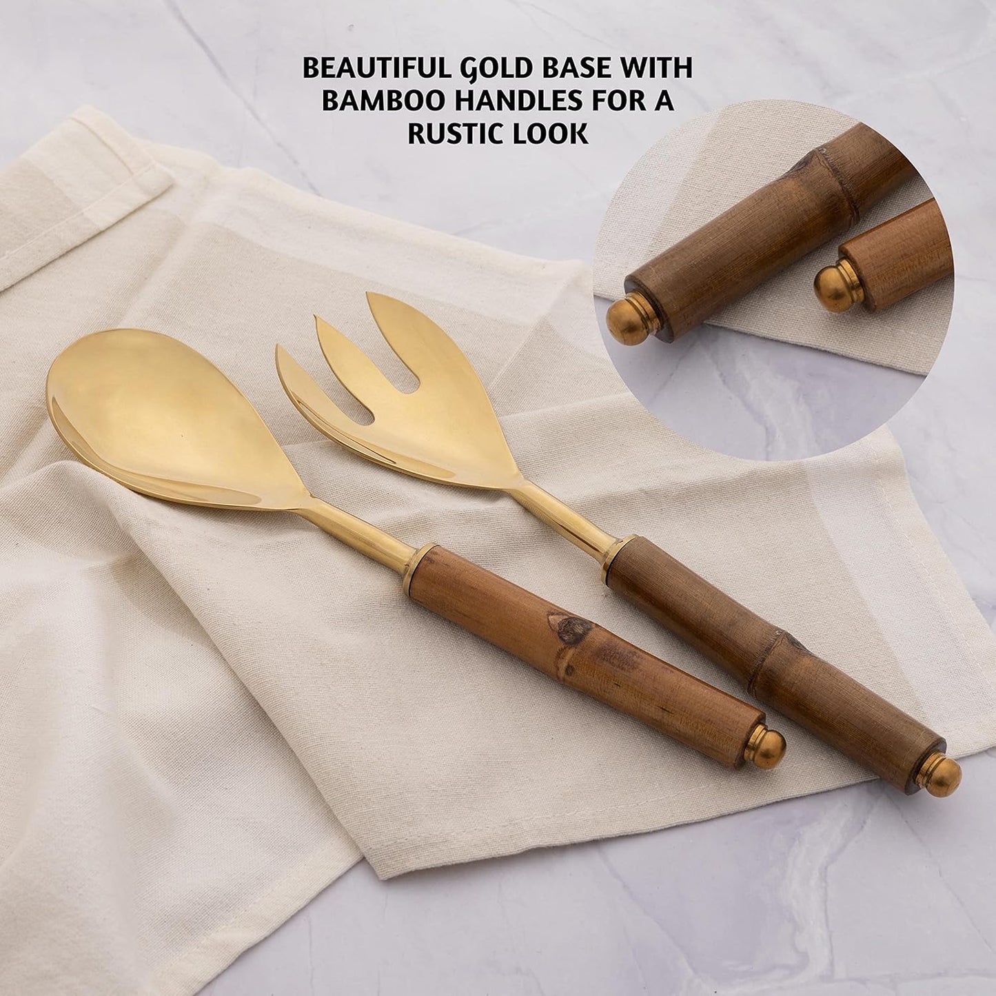 Folkulture Serving Utensils for Modern Serving and Cooking, Stainless Steel Salad Servers or Salad Tongs, 12 Inch Salad Tosser, Serving Spoon and Fork Set with Bamboo Handle, Gold
