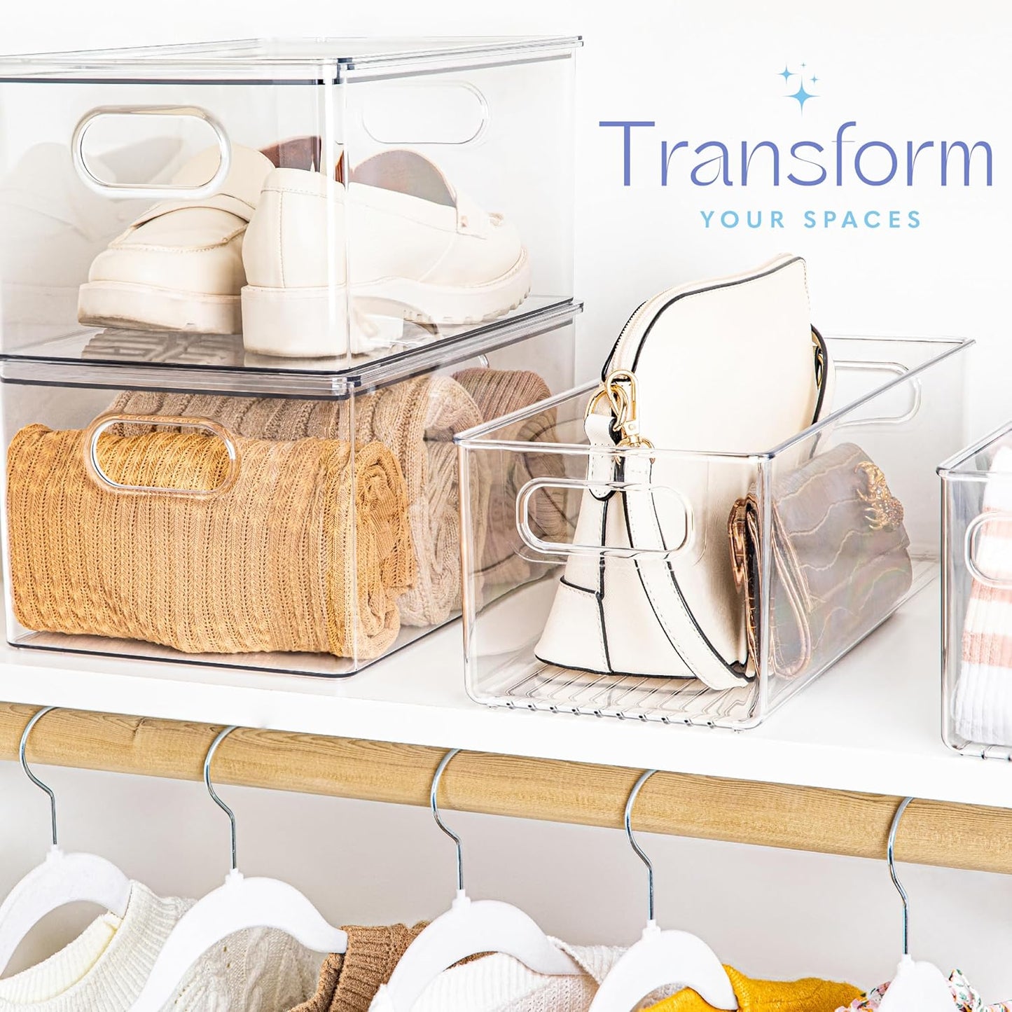 Plastic Food Storage 6 Pack Clear Container Bin with Handles for Organizing Kitchen, Pantry, Fridge, Freezer, Pantry, Bathroom. 14"x6"5"