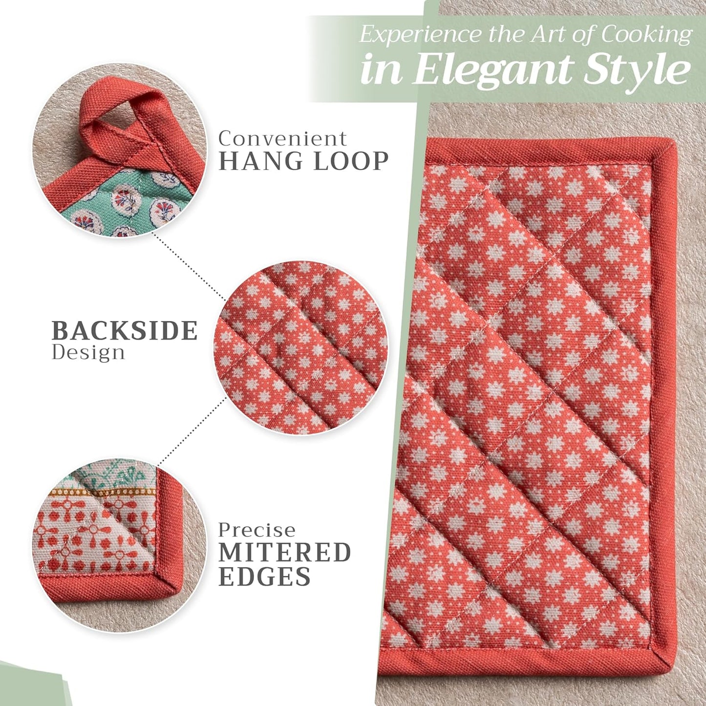 Maison d' Hermine Pot Holders 100% Cotton Heat Resistant Potholders 8" x 8" Hot Pads with Loop BBQ, Cooking, Baking, Grilling, Kitchen, Handling Hot Pans Spring/Summer (Pack of 1, Provence)