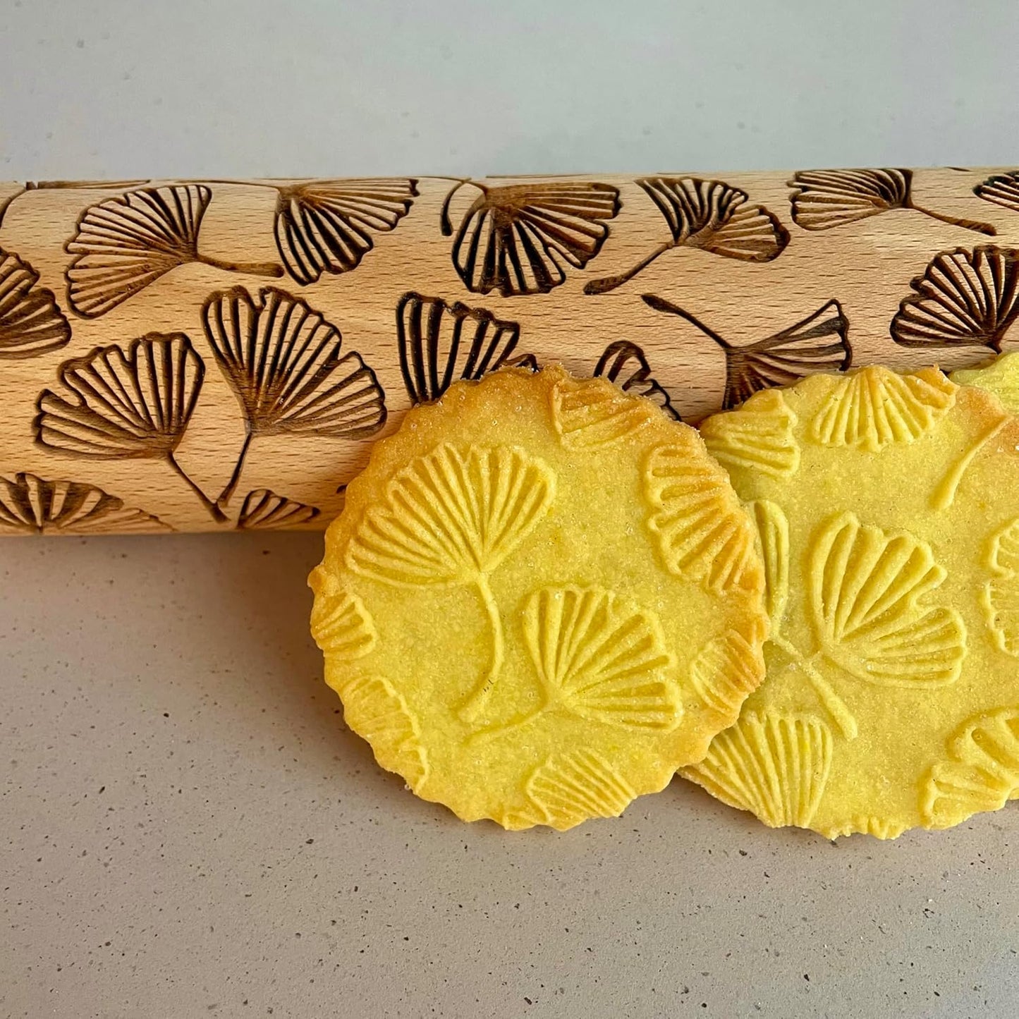 Embossing Rolling Pin GINKGO with Ginkgo Biloba Leaves Pattern – Dough and Clay Roller for Embossed Cookies and Pottery - Cookie and Ceramic Stamp - Baking Gifts for Women by Algis Crafts