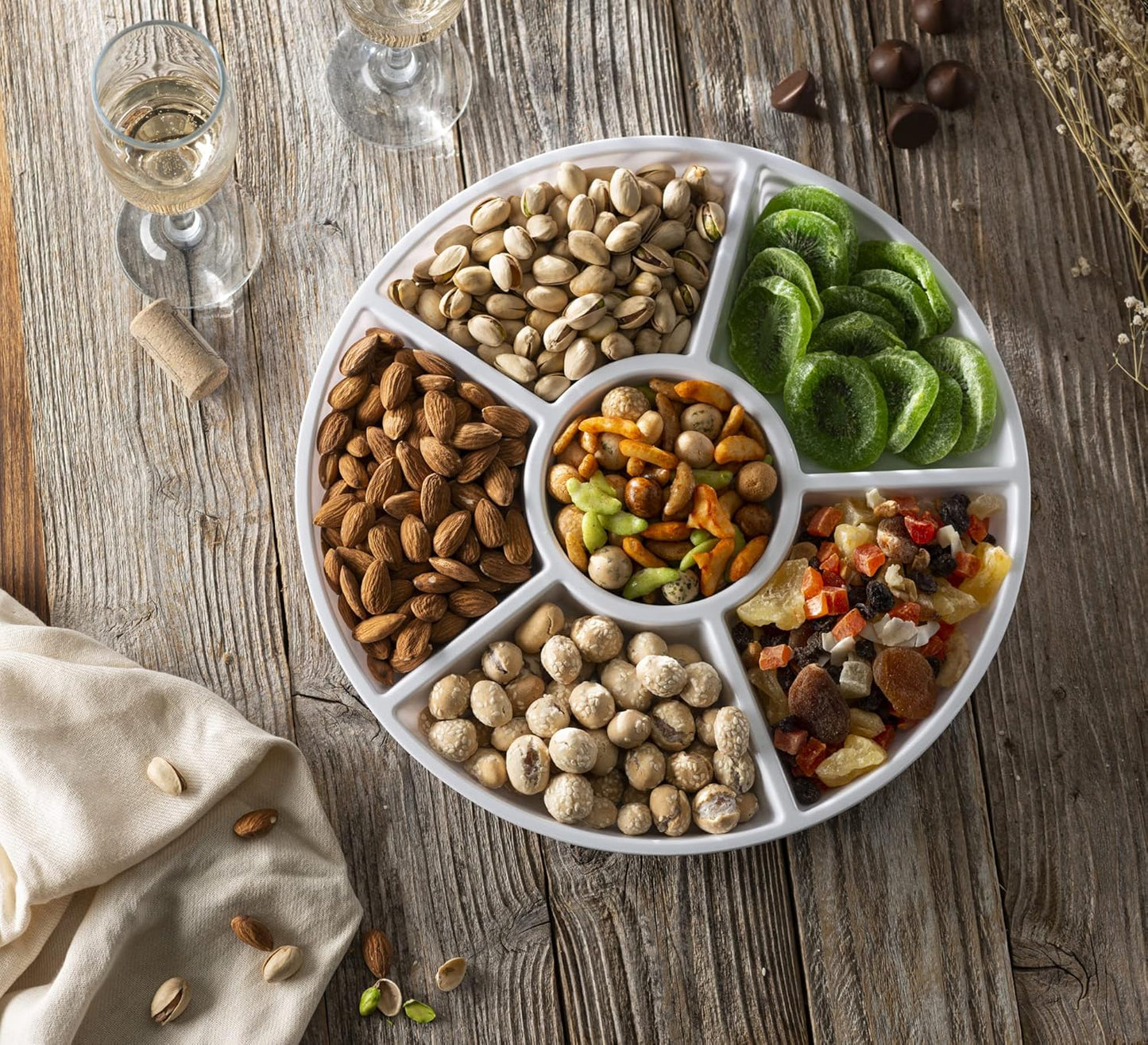 Plasticpro 6 Sectional Round Plastic Serving Tray/Platter (4, White)