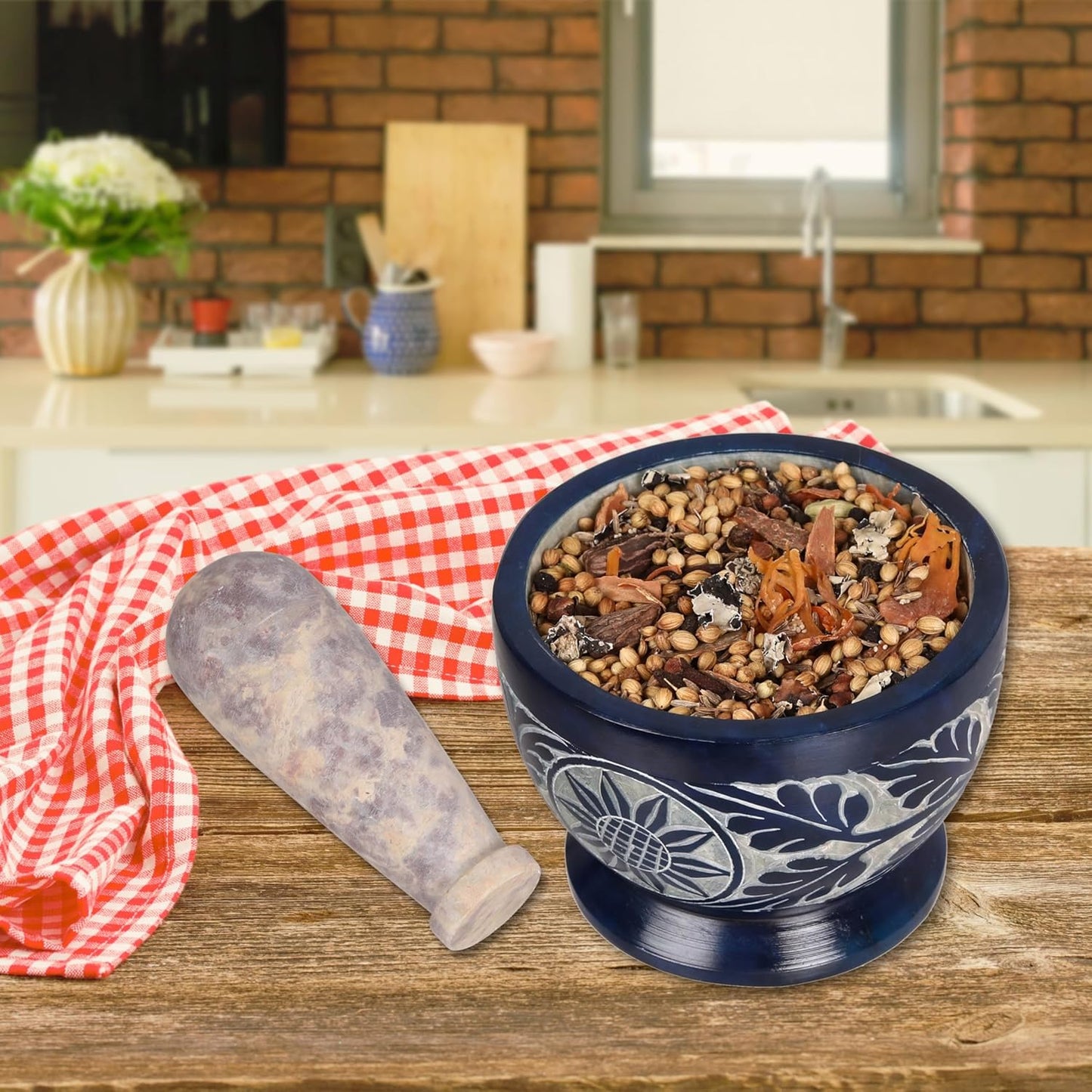 Mortar and Pestle, Made of Heavy Duty Polished Hard Stone, Natural Stone Grinder for Spices, Pastes, Herbs, Seasoning etc. (Blue)