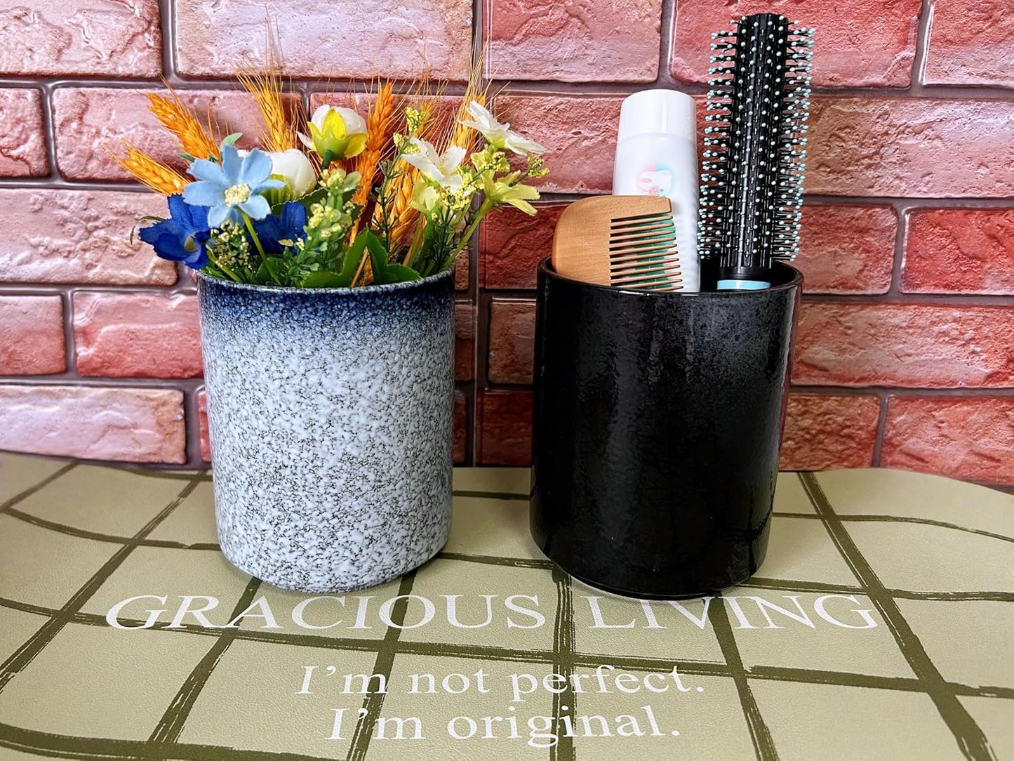 Medium Stoneware Kitchen Utensil Holder for Kitchen Counter Short Cooking Utensil Holder for Countertop Spatula Holder Small Utensil Crock Cutlery Holder Silverware Caddy Flower Vase (Retro Black)