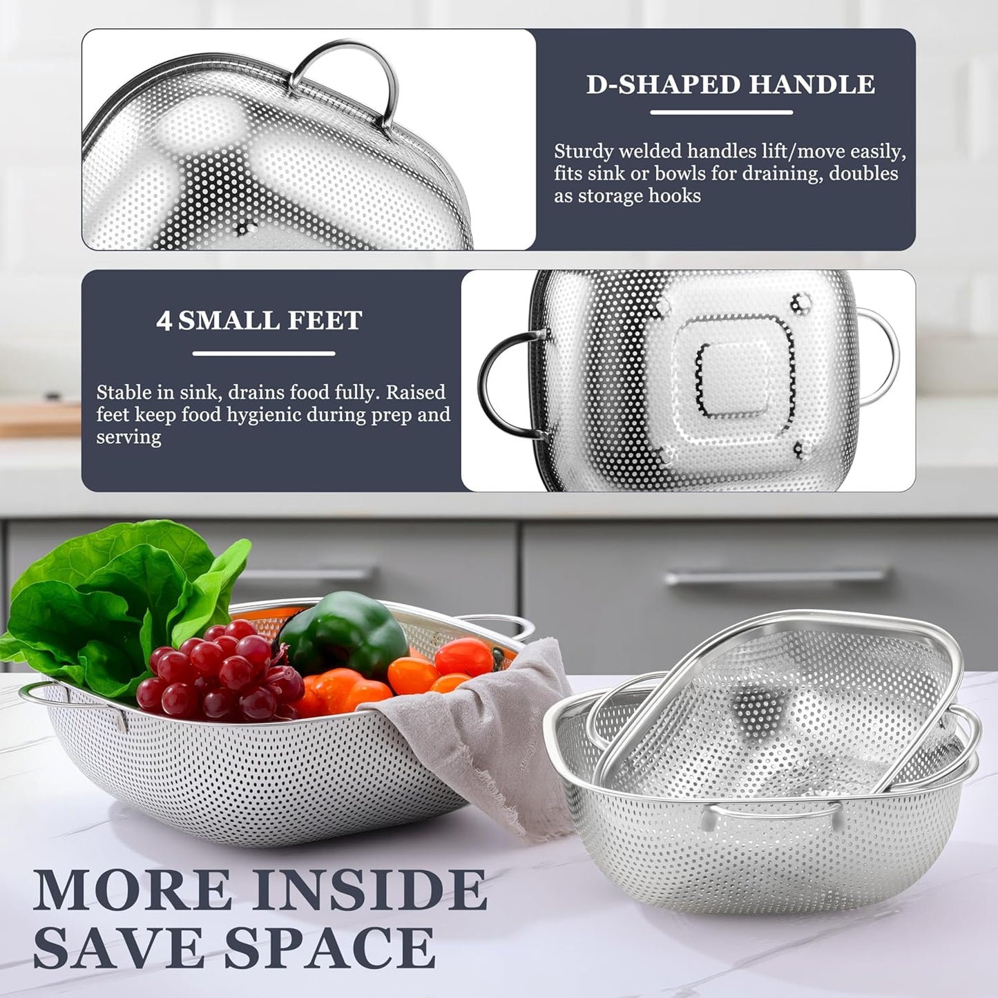 E-far 3 Pack Colander for Kitchen, Square Stainless Steel Metal Strainer Colander with Handle for Draining Food Pasta Vegetable, Micro-Perforated & Elevated Feet, Dishwasher Safe(2.4/4/6QT)