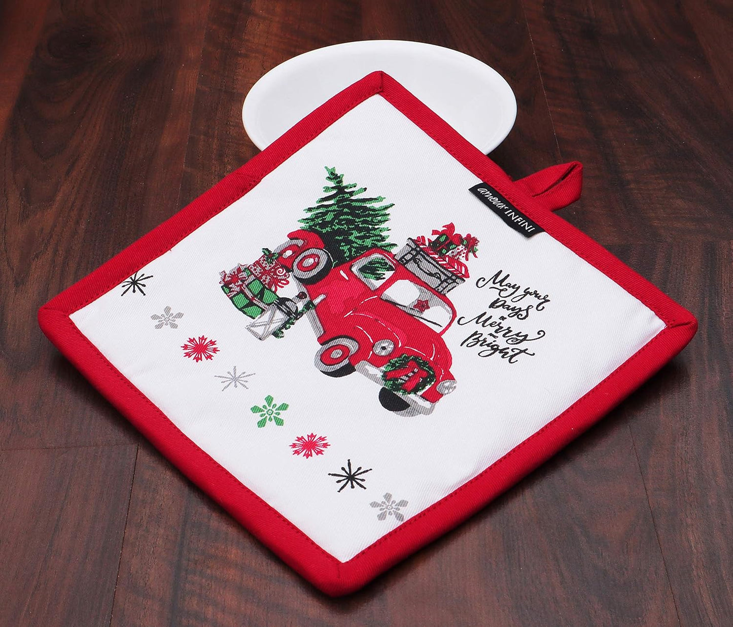 AMOUR INFINI Heat Resistant Pot Holders 100% Cotton Set of 3 Unique Merry Christmas Design 8x8 Inches|Nonslip Hot Pads for Kitchen Baking Cooking Outdoor BBQ Party|Thanksgiving Christmas Festive Gift