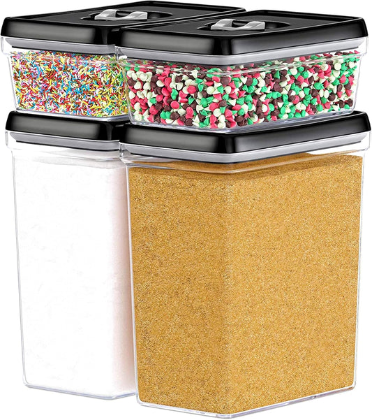 DWËLLZA KITCHEN Large Airtight Food Storage Containers - Clear Plastic Bulk Food Pantry & Kitchen Storage Containers for Flour, Sugar and Baking Supplies 4 Pcs. BPA-Free, Keeps Fresh & Dry (Black)