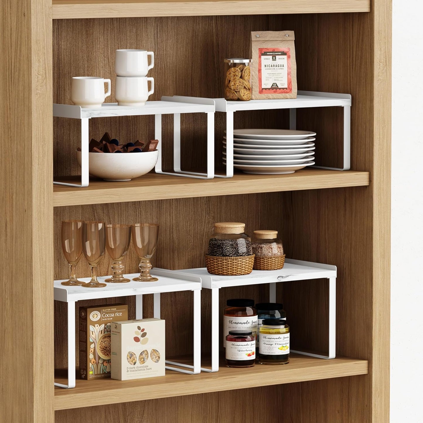 White Marble Kitchen Counter Shelf Organizer, Modern Dish Plate Organizer for Cabinet Space Saver, Small Wood Stackable 2 Tier Office Desktop Shelf Risers for Books Monitor - Set of 4