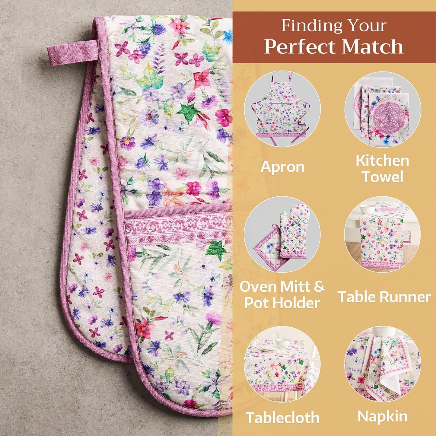 Maison d' Hermine Double Oven Mitts 100% Cotton 7"x35" Double Oven Mitt Heat Resistant BBQ Cooking Gloves with Loop, Baking, Grilling, Home, Kitchen, Handling Hot Pans Spring Summer (Chardon)