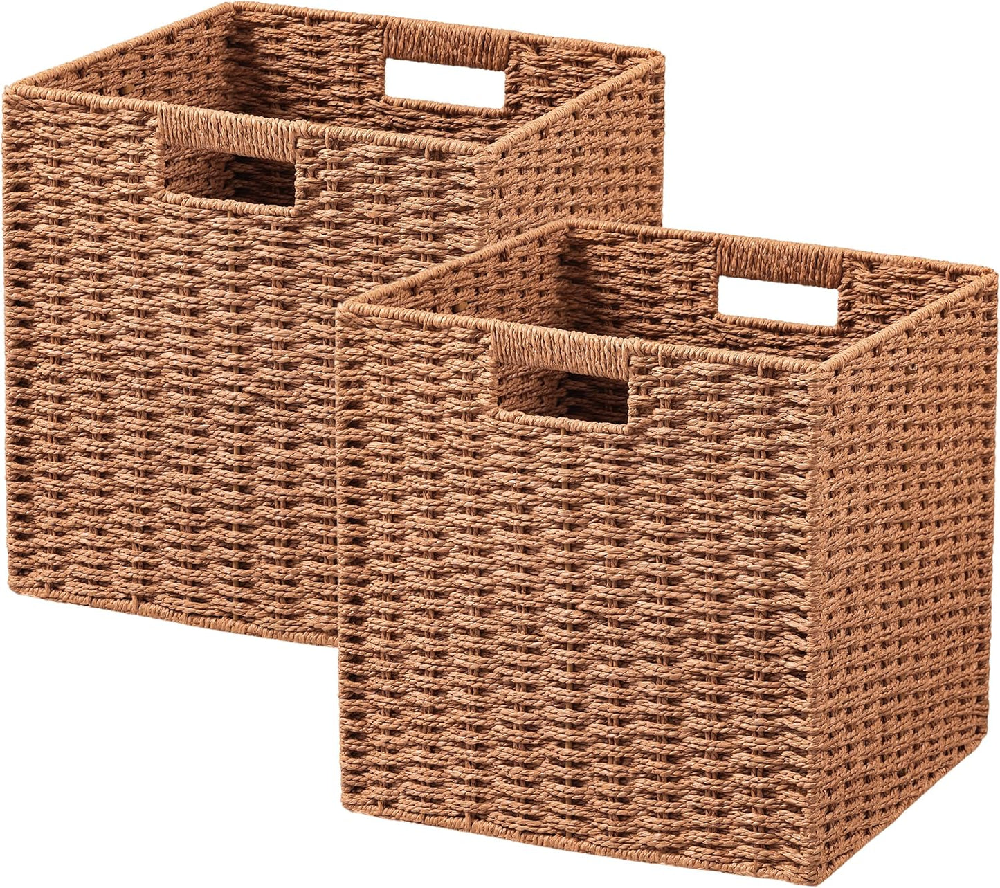 UBBCARE 2 Pack Wicker Basket, 11L×11H×10.5W inch Woven Paper Rope Storage Baskets for shelves, Foldable Cube Storage bin with Handle, Storage Basket for Organizing & Decor, Caramel