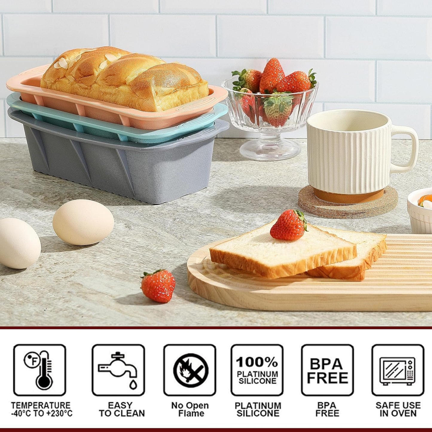 3PCS Silicone Bread Loaf Pan, Non-Stick Bread Pans for Baking, Easy Release Loaf Pan, Great for Homemade Bread, Cakes, Brownies, Dishwasher Safe (3 Colors, Nesting Design)