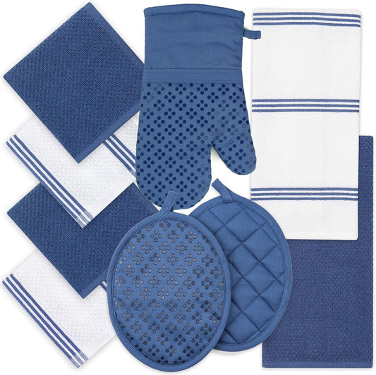 Sticky Toffee 9-Piece Kitchen Set – Dark Blue 100% Cotton Terry Dish Towels, Dishcloths, Oven Mitts, and Pot Holders with Non-Slip Silicone Grip, Oeko-Tex Cotton