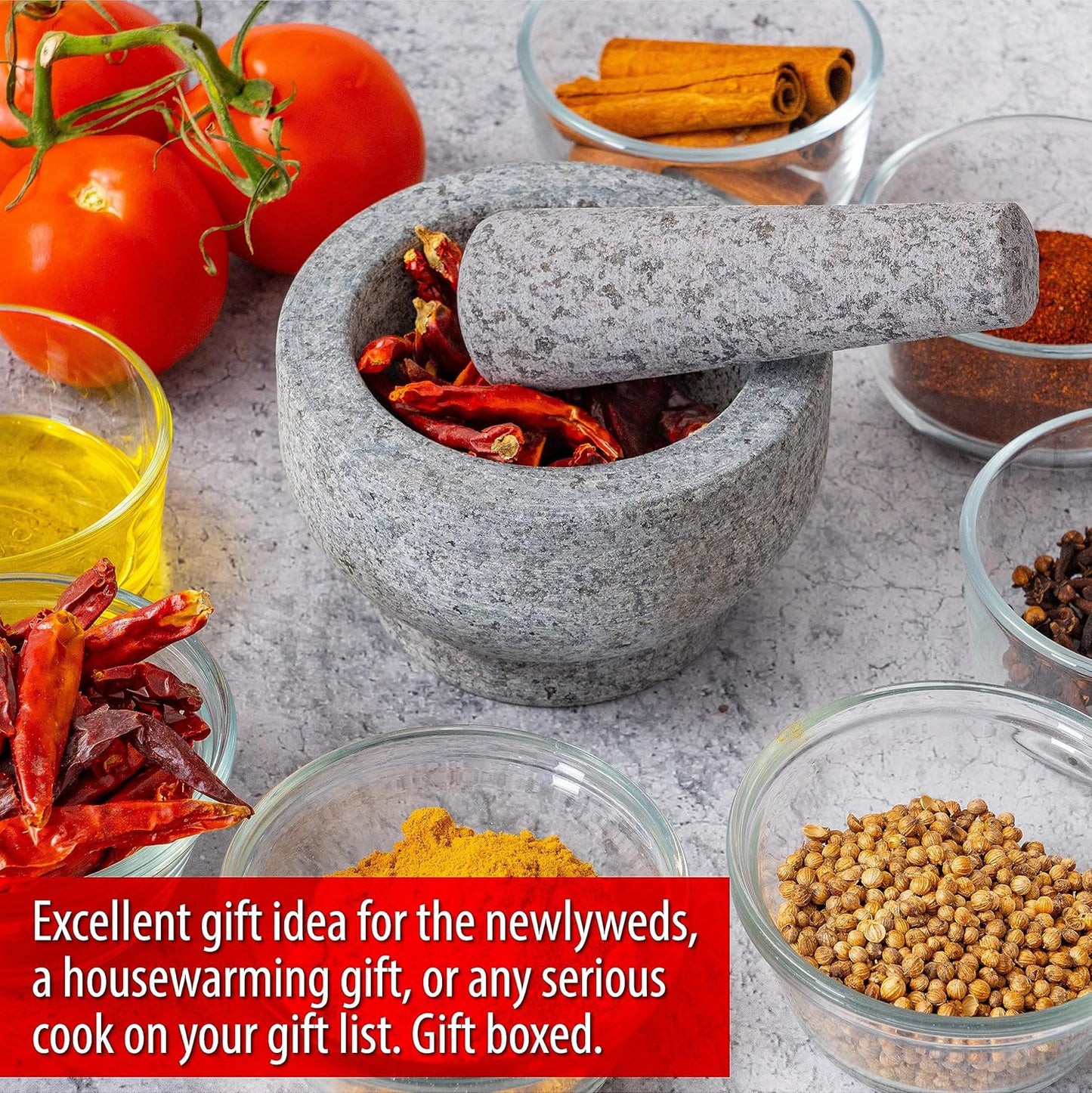 Maxam Grey Mortar and Pestle Set - 5 Inch - 1 Cup Capacity - Heavy Granite for Grinding Spices, Herbs and Avocado Masher for Guacamole and Pesto